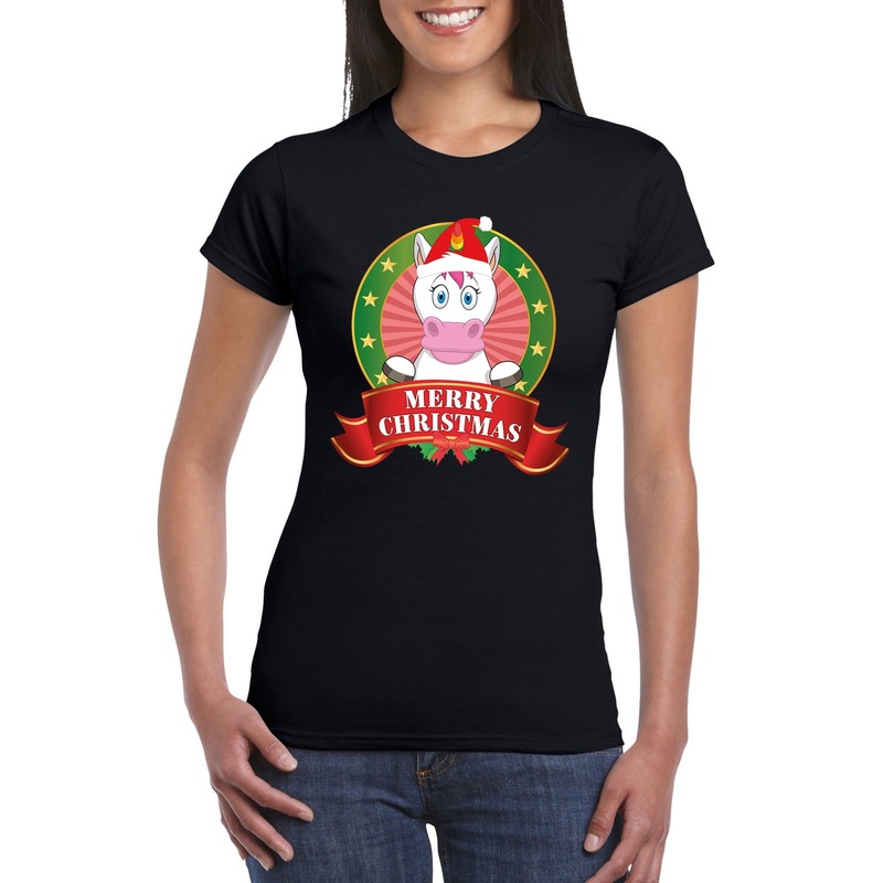Eenhoorn, Kerst, t-shirt, zwart, Merry, Christmas, voor, dames, kerstman, Foute trui