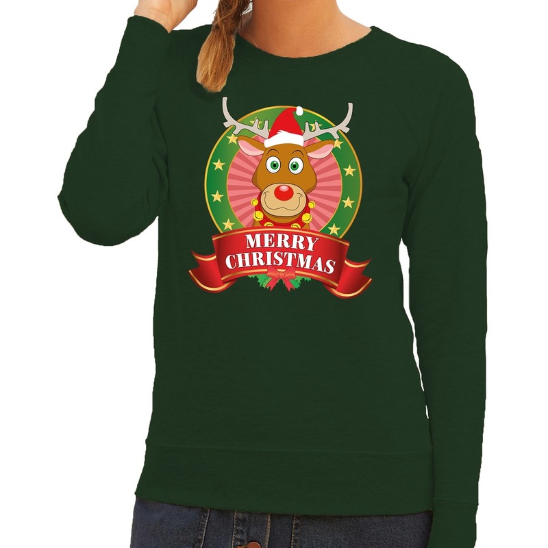 Foute, kersttrui, groen, Rudolph, Merry, Christmas, voor, dames, kerstman, Foute trui