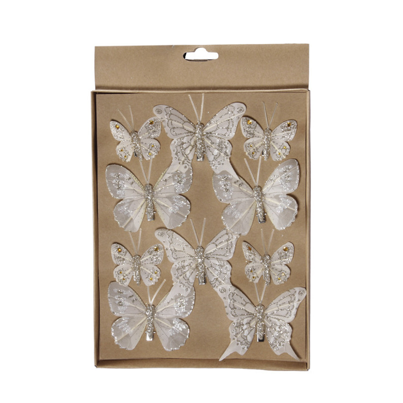 10x stuks decoratie vlinders op clip champagne diverse maten