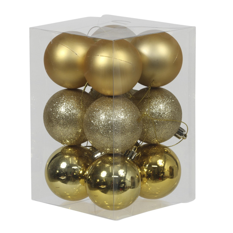 12x Gouden kunststof kerstballen 6 cm glans/mat/glitter