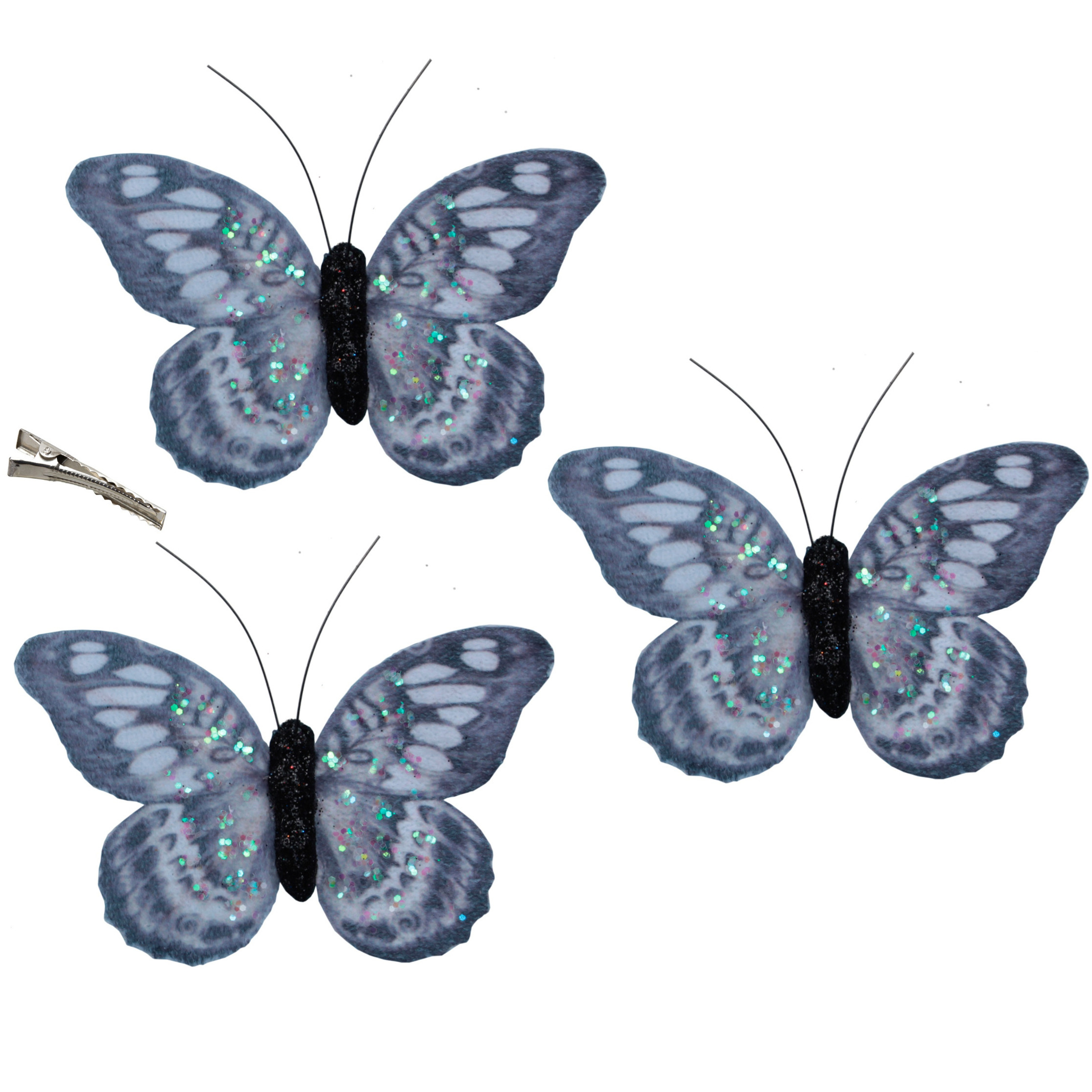 12x stuks decoratie vlinders op clip grijs/blauw 8,5 x 6 cm