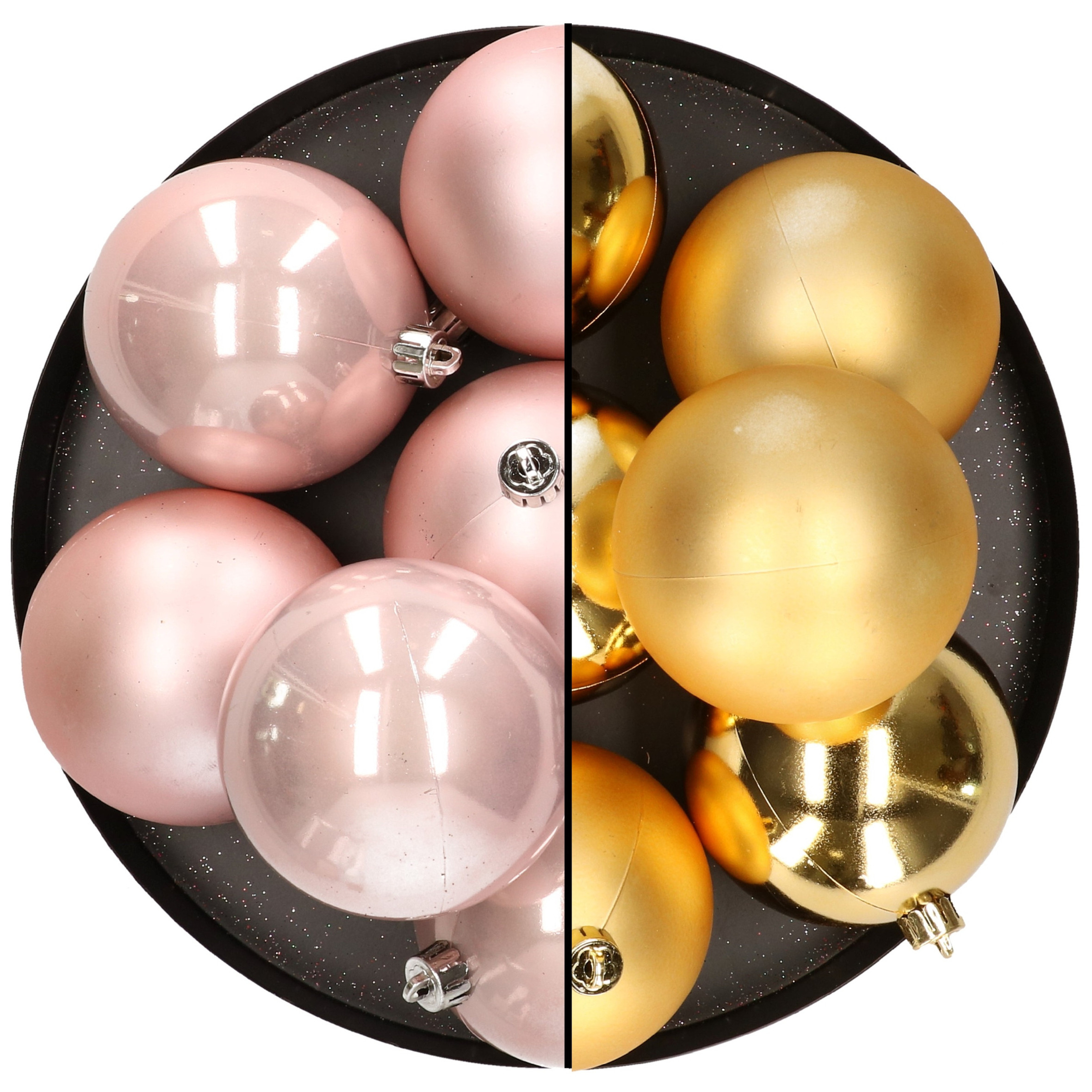 12x stuks kunststof kerstballen 8 cm mix van lichtroze en goud
