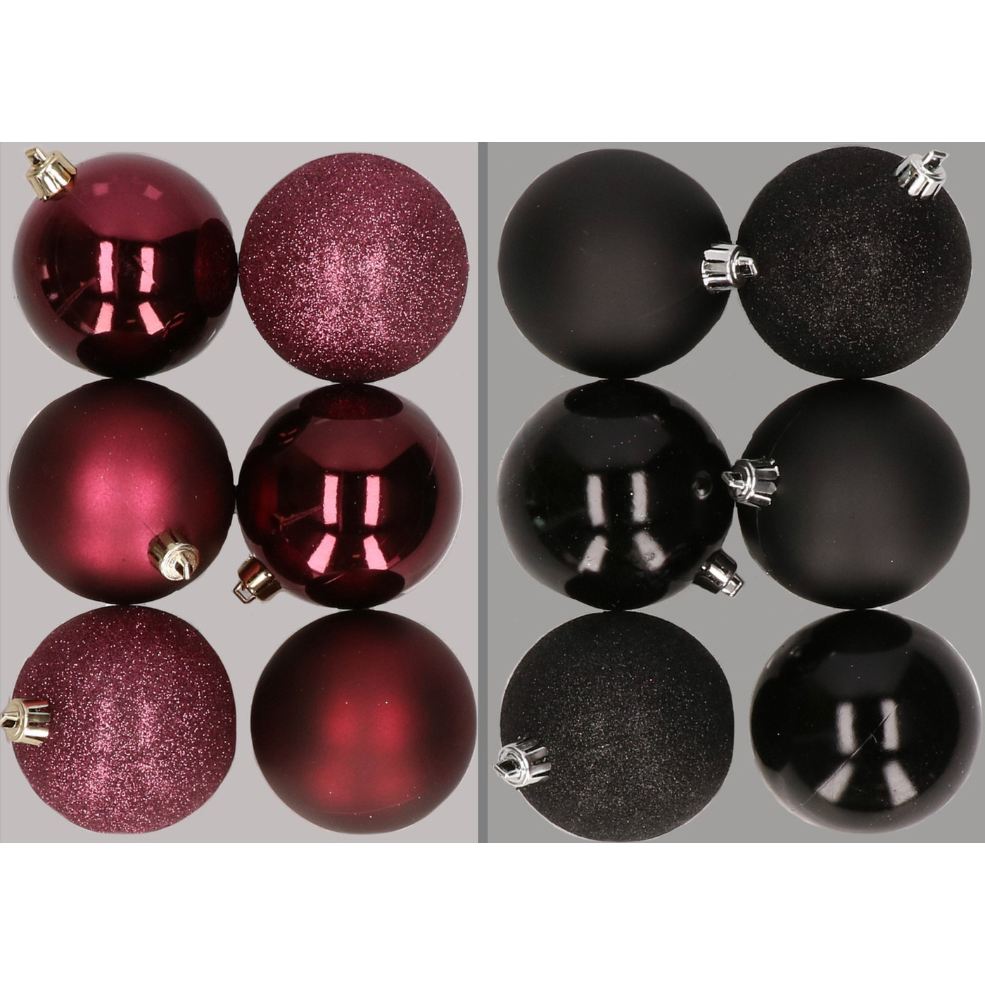 12x stuks kunststof kerstballen mix van aubergine en zwart 8 cm