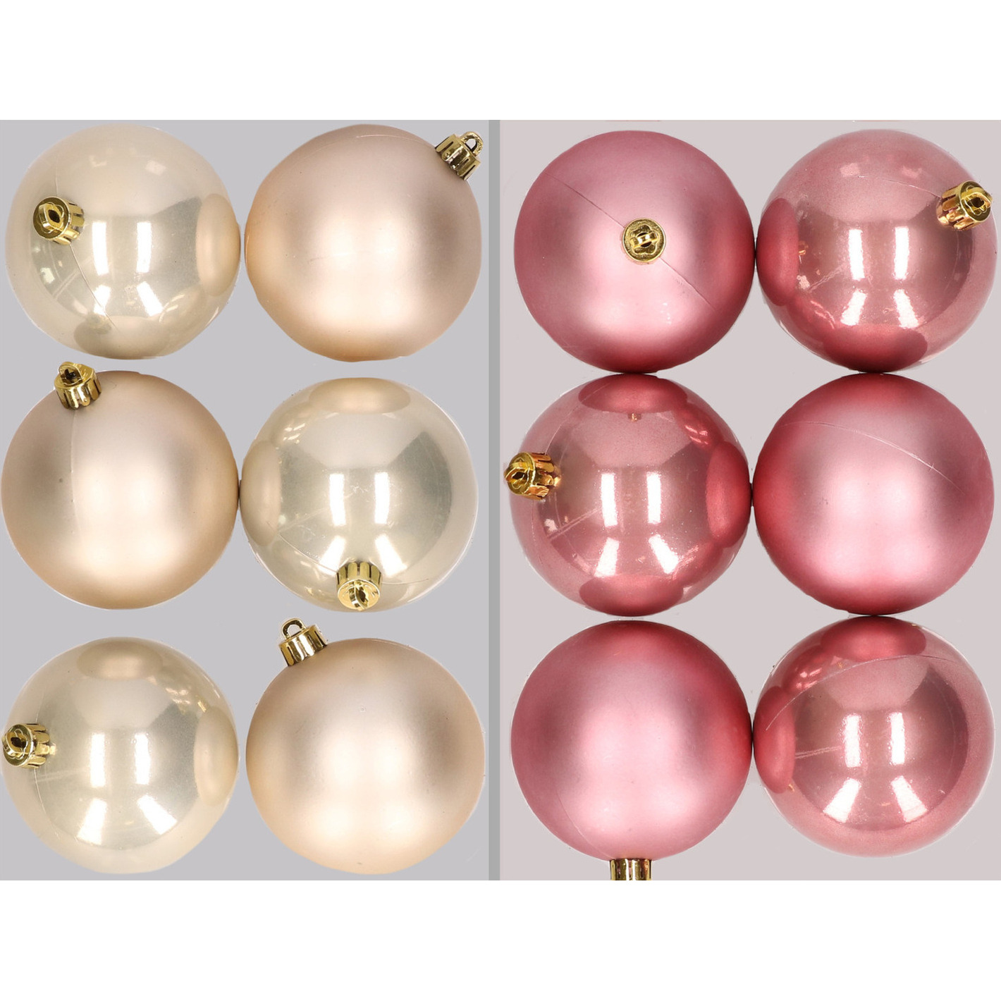 12x stuks kunststof kerstballen mix van champagne en oudroze 8 cm