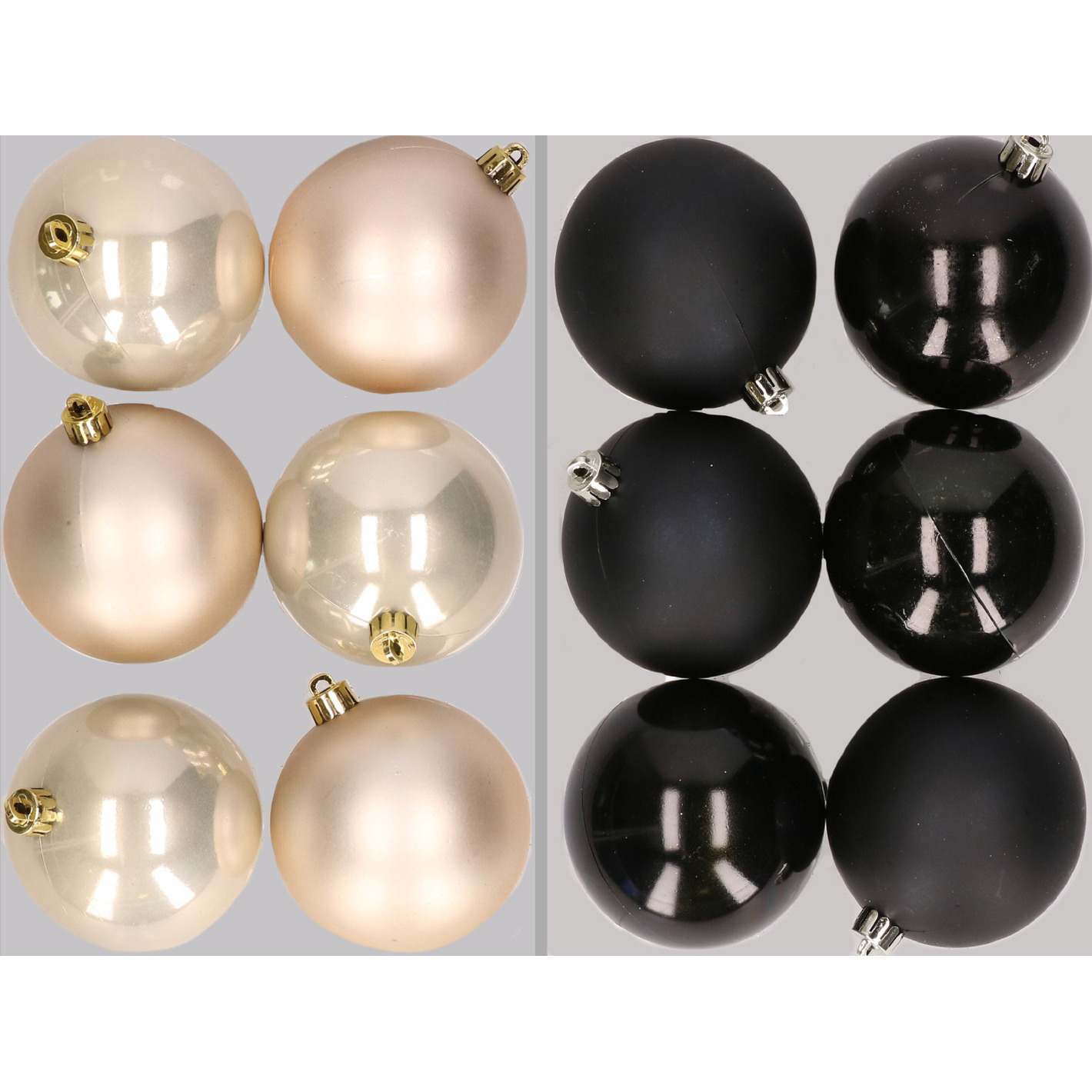 12x stuks kunststof kerstballen mix van champagne en zwart 8 cm