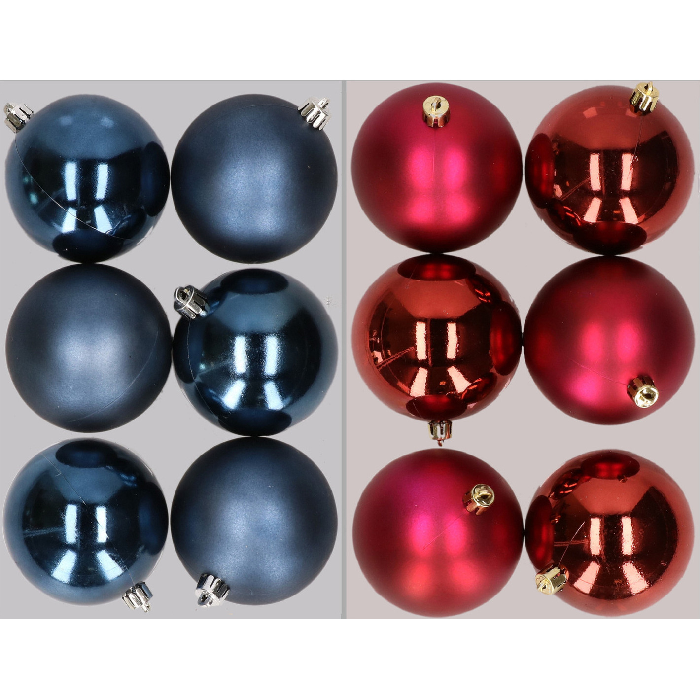 12x stuks kunststof kerstballen mix van donkerblauw en donkerrood 8 cm