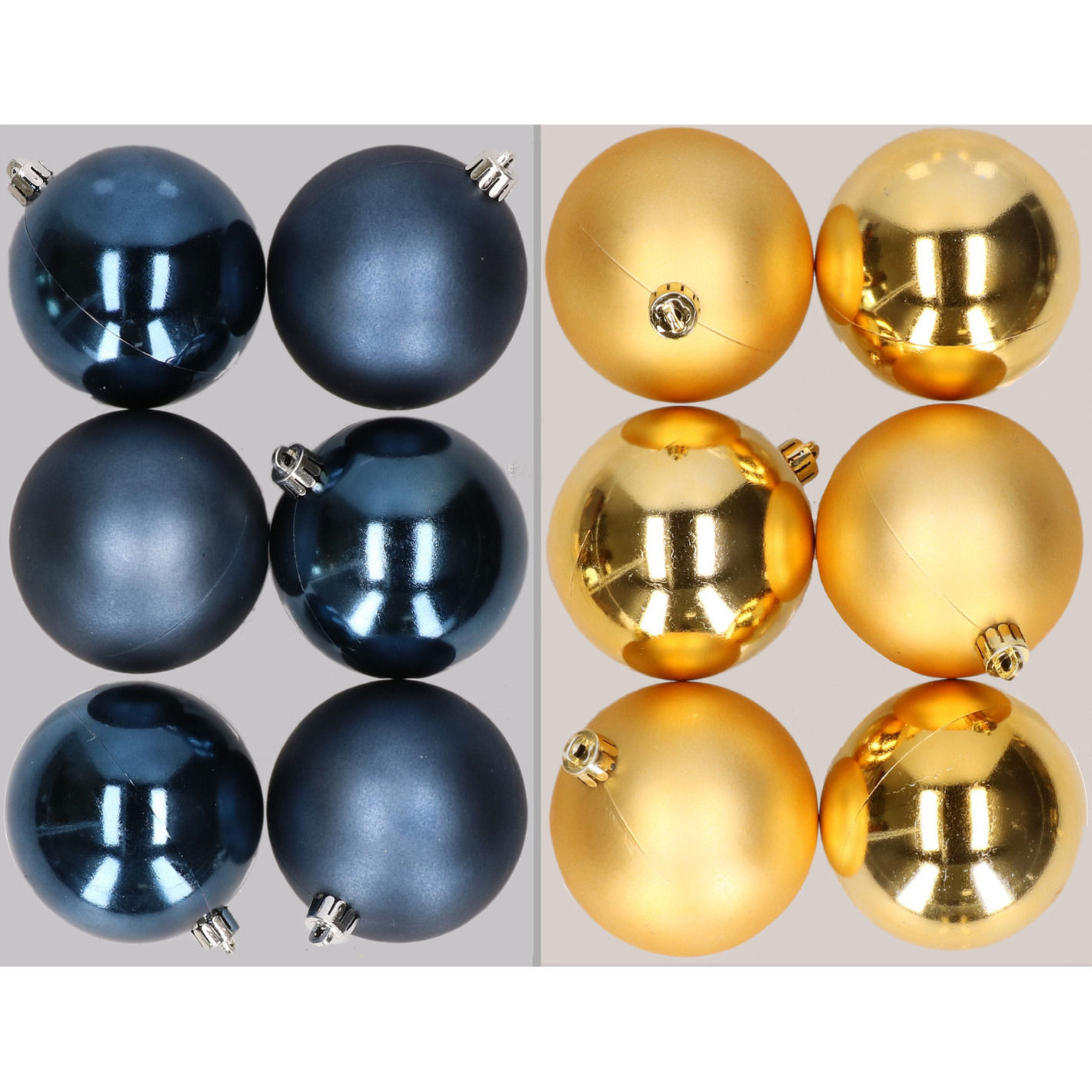 12x stuks kunststof kerstballen mix van donkerblauw en goud 8 cm