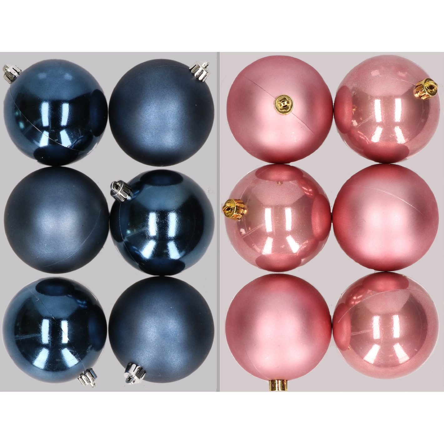 12x stuks kunststof kerstballen mix van donkerblauw en oudroze 8 cm