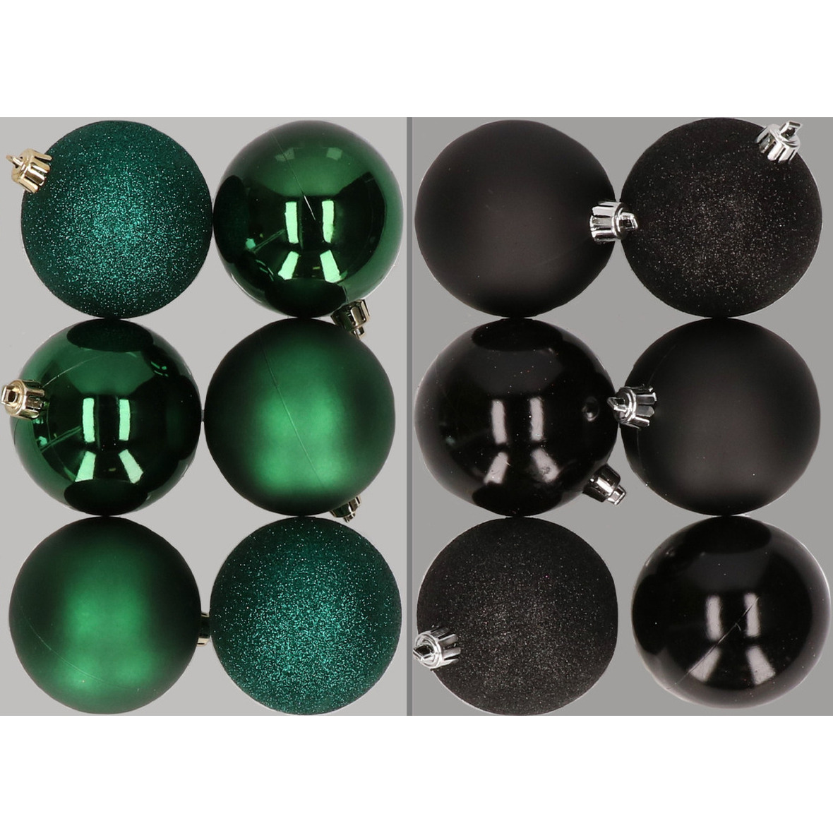 12x stuks kunststof kerstballen mix van donkergroen en zwart 8 cm