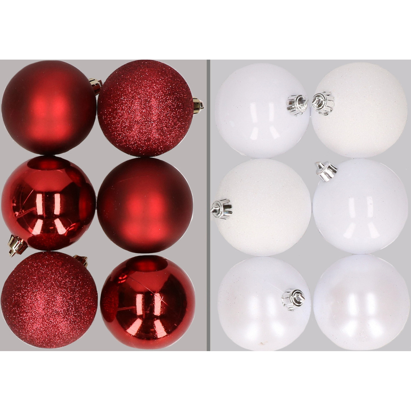 12x stuks kunststof kerstballen mix van donkerrood en wit 8 cm