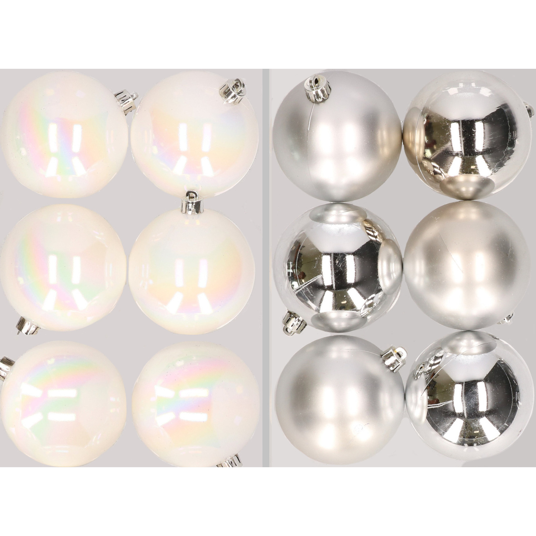 12x stuks kunststof kerstballen mix van parelmoer wit en zilver 8 cm