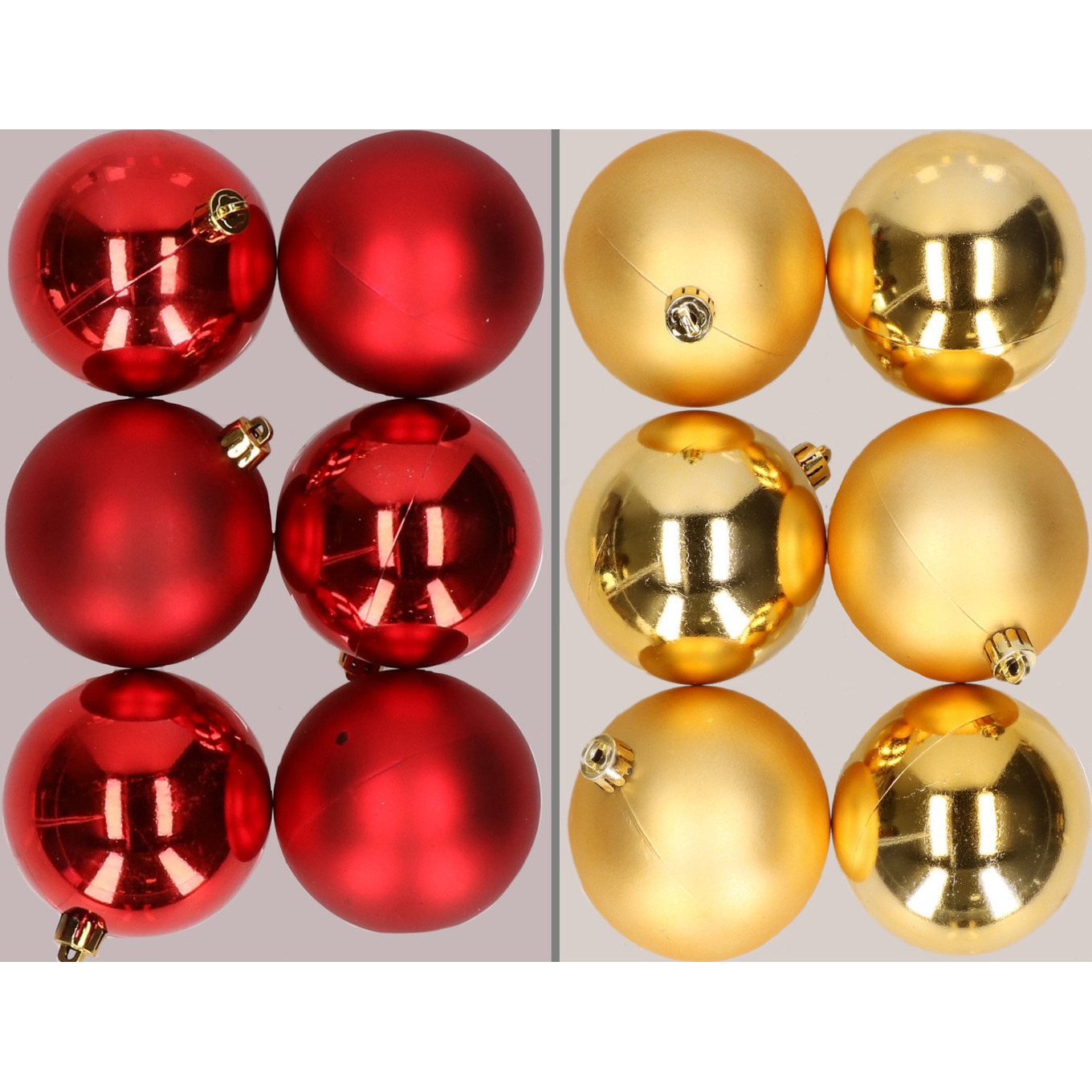 12x stuks kunststof kerstballen mix van rood en goud 8 cm