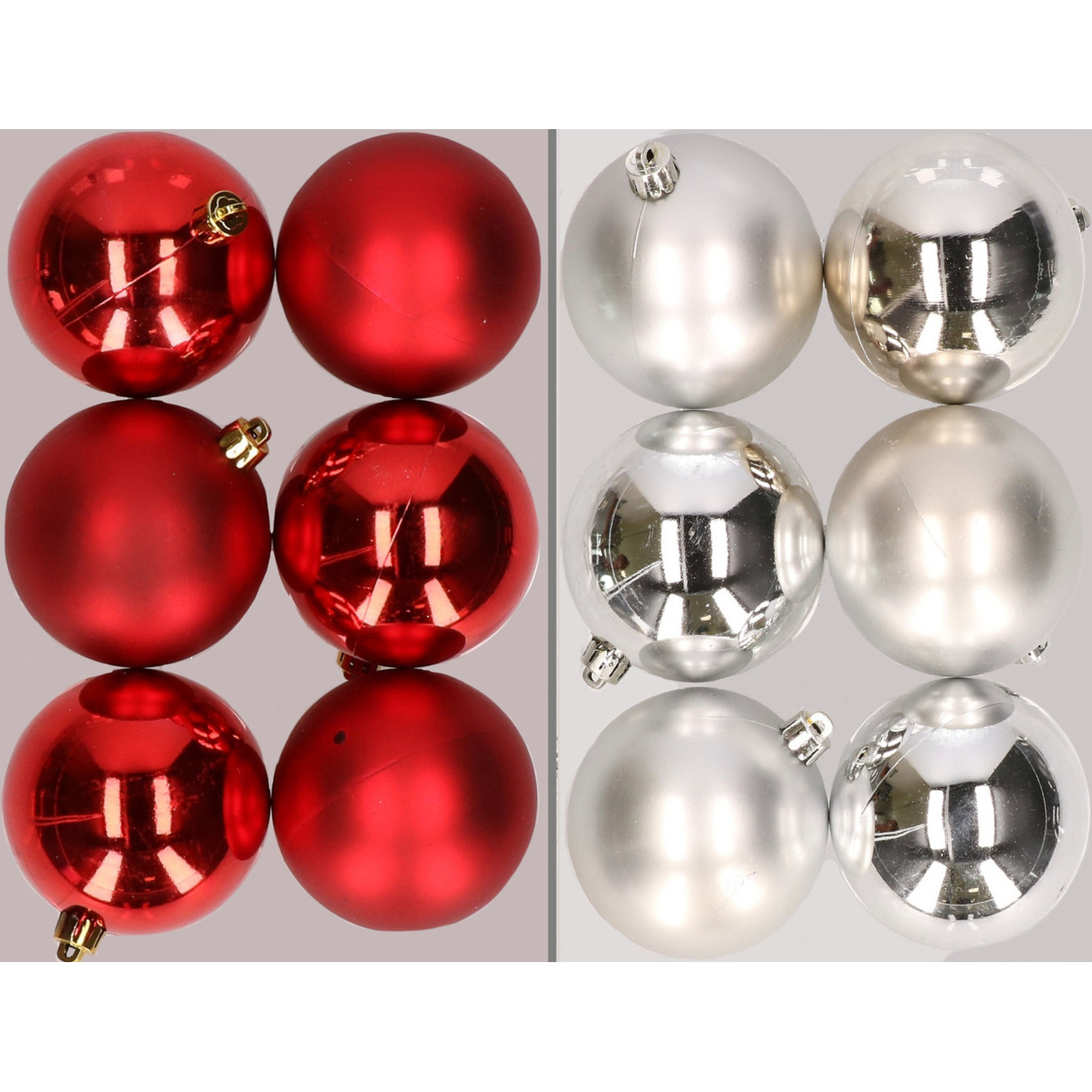 12x stuks kunststof kerstballen mix van rood en zilver 8 cm