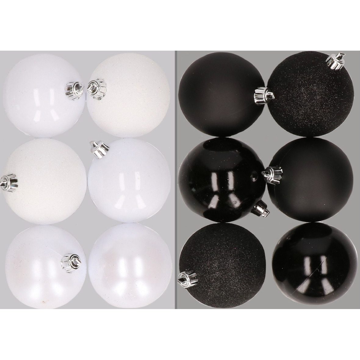12x stuks kunststof kerstballen mix van wit en zwart 8 cm
