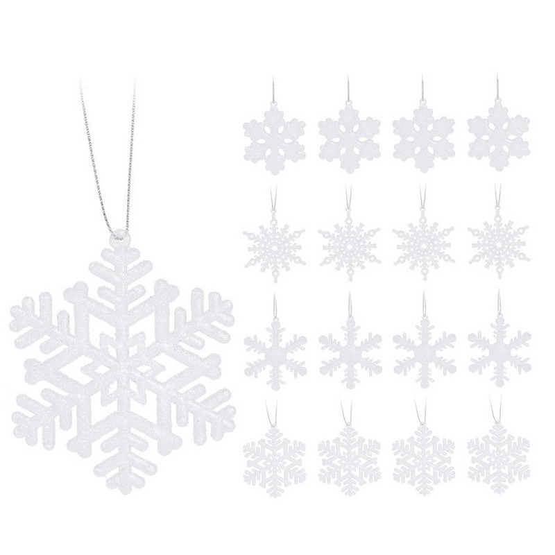 16x Kersthangers figuurtjes witte sneeuwvlok/ster 10 cm glitter