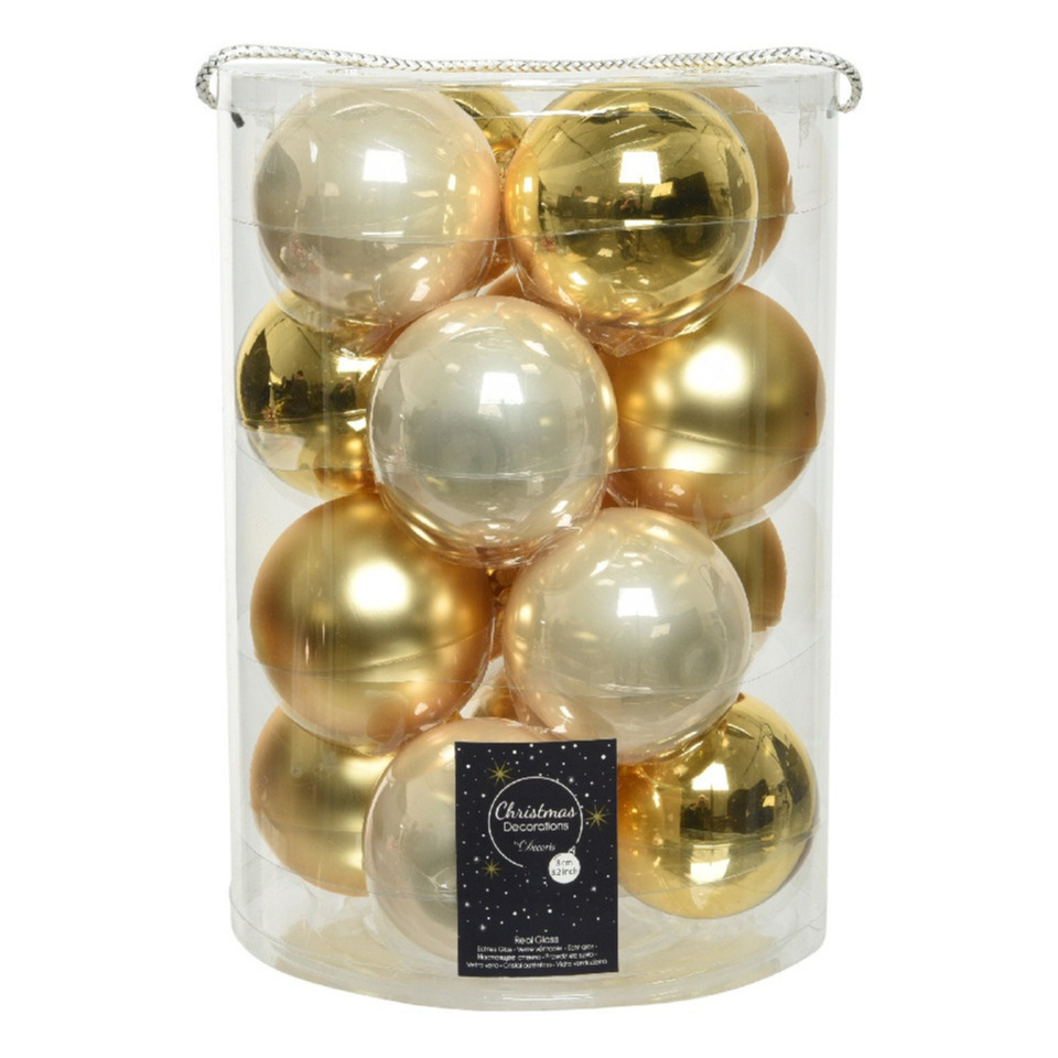 18x stuks glazen kerstballen goud en champagne 8 cm