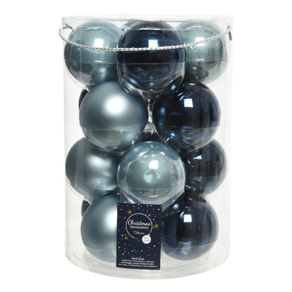 18x stuks glazen kerstballen lichtblauw en donkerblauw 8 cm