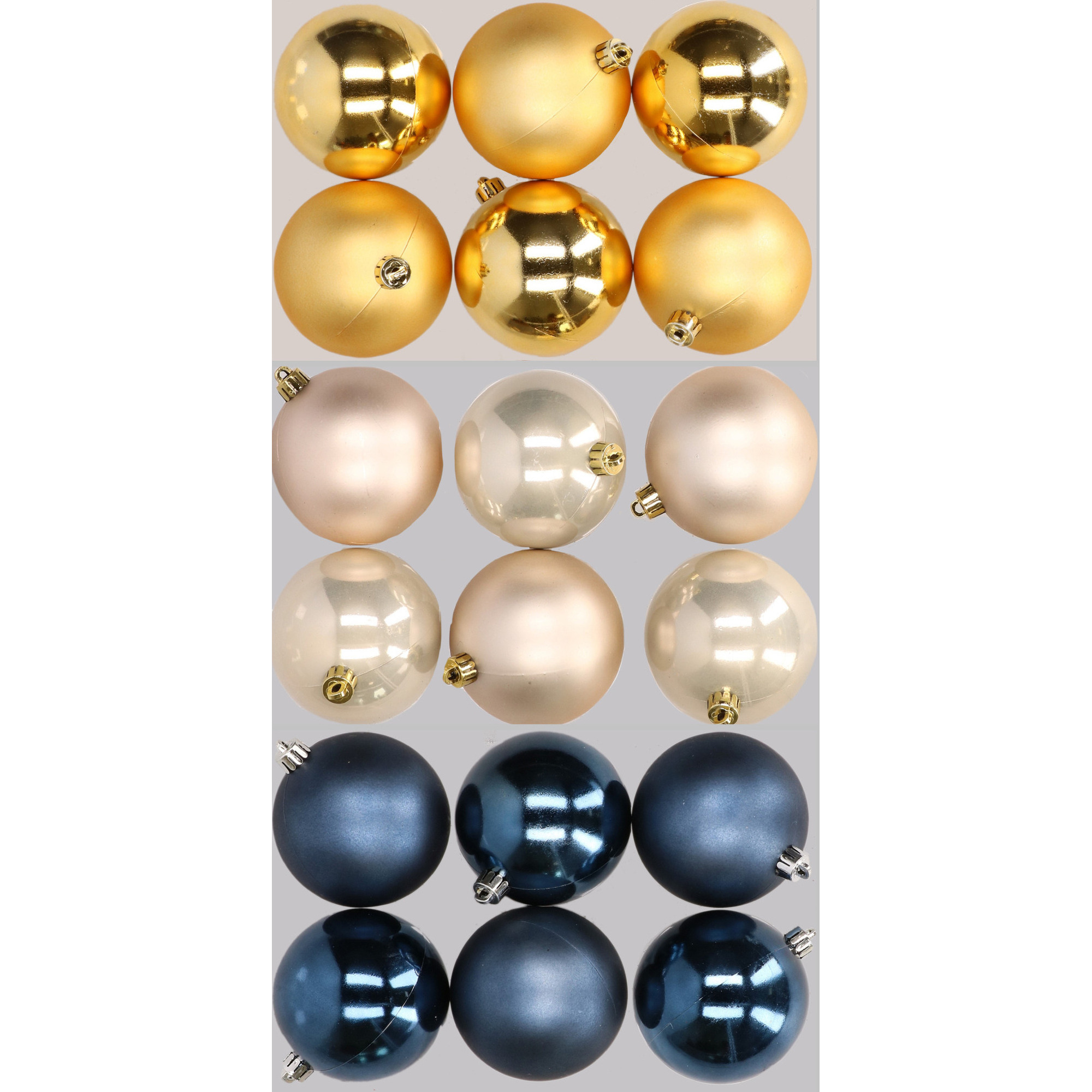 18x stuks kunststof kerstballen mix van donkerblauw, champagne en goud 8 cm