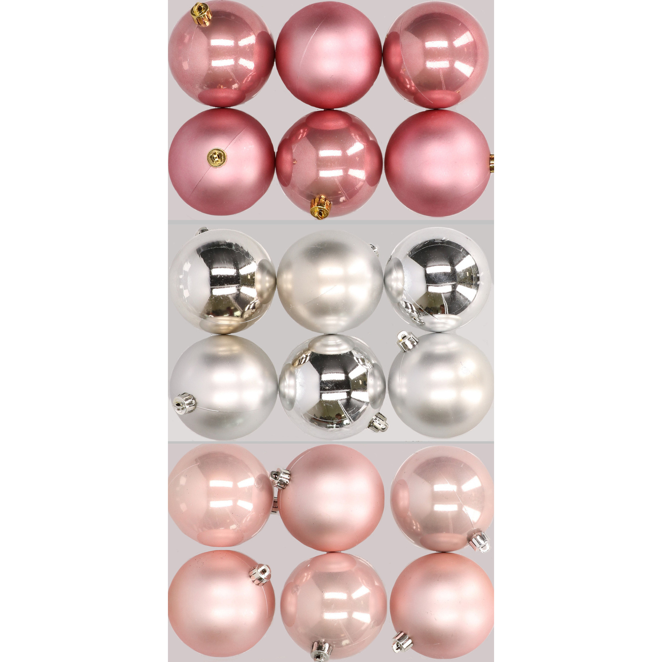 18x stuks kunststof kerstballen mix van lichtroze, zilver en oudroze 8 cm