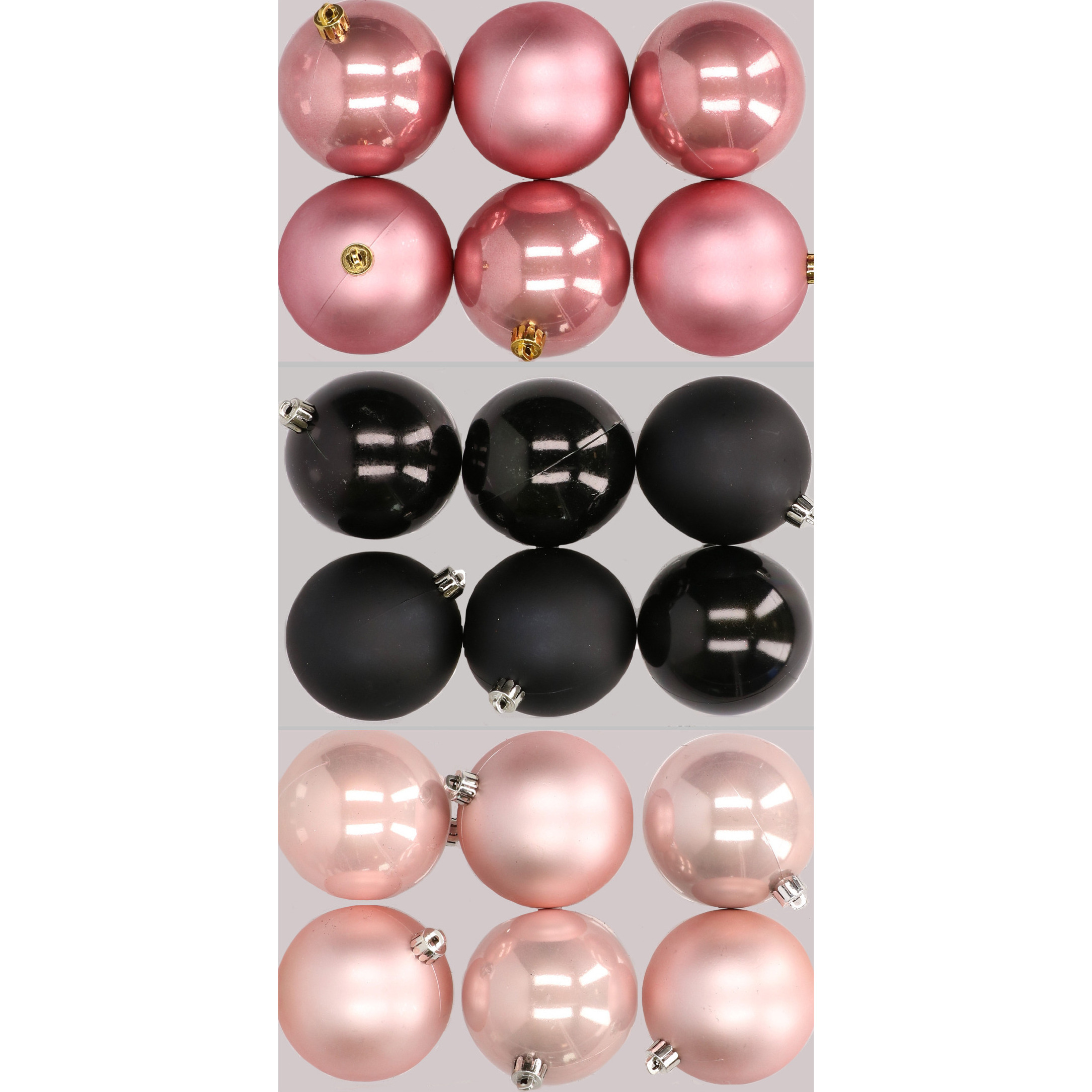 18x stuks kunststof kerstballen mix van lichtroze, zwart en oudroze 8 cm