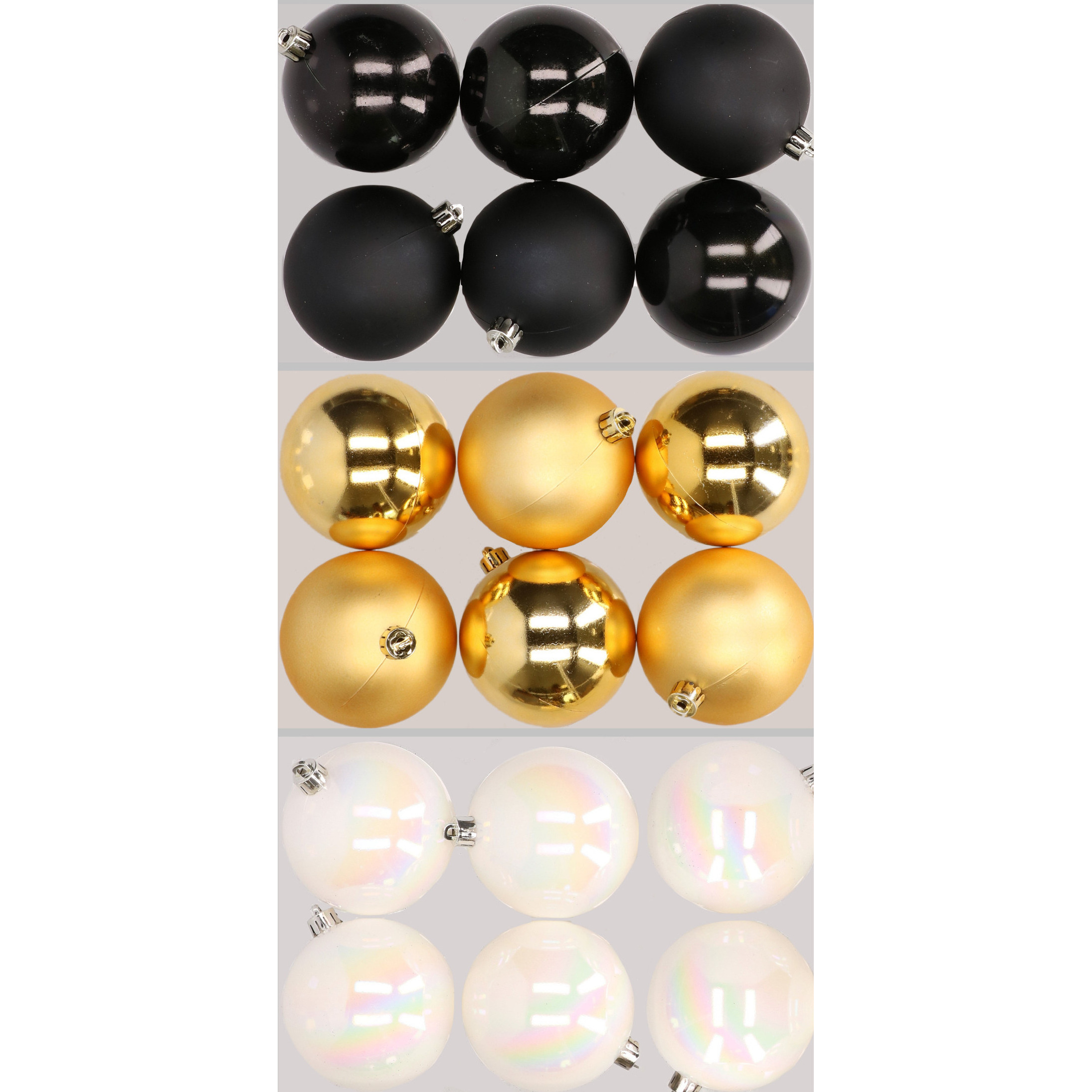 18x stuks kunststof kerstballen mix van zwart, parelmoer wit en goud 8 cm