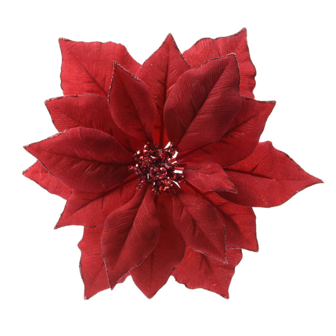 1x stuks decoratie bloemen kerstster rood glitter op clip 24 cm