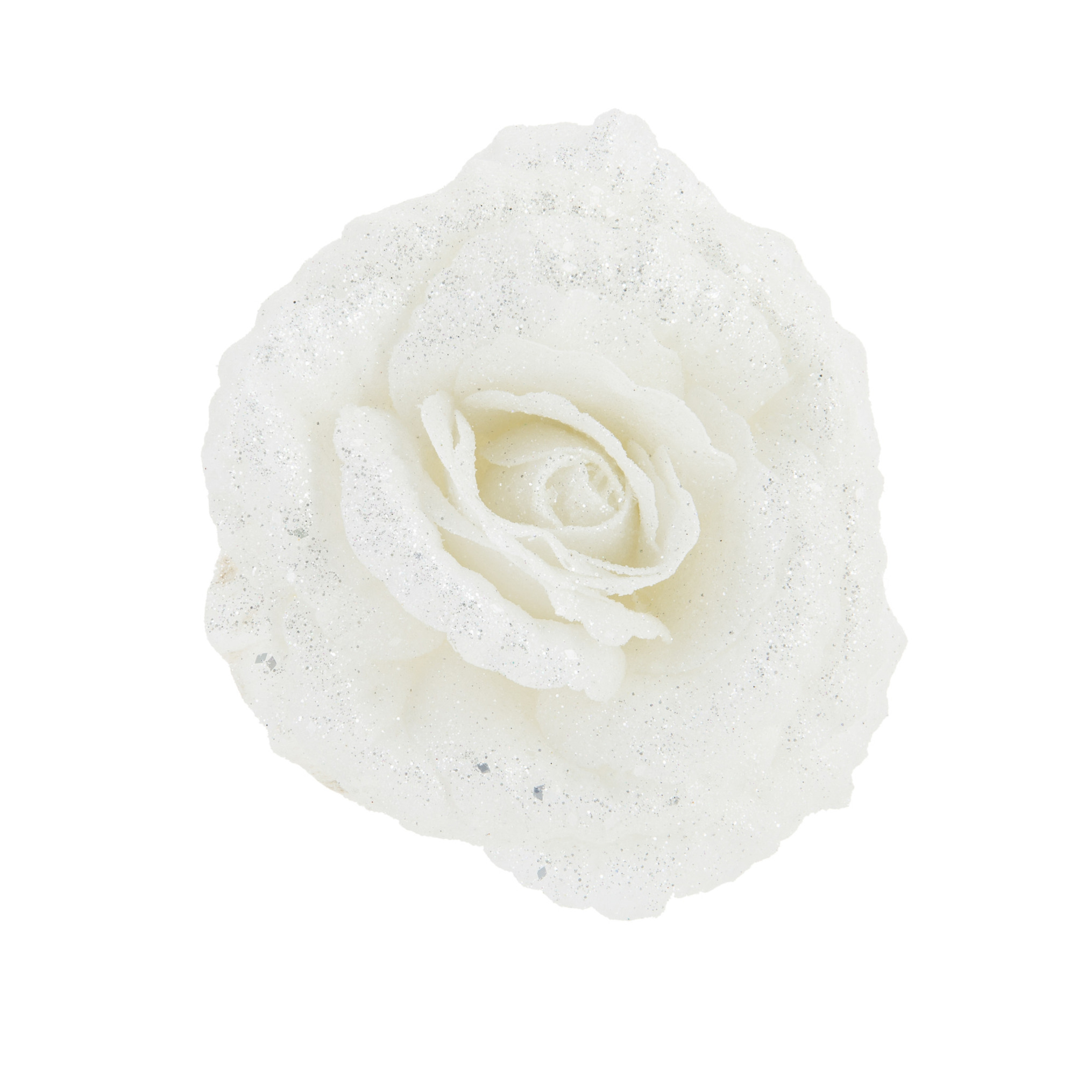 1x stuks decoratie bloemen roos wit glitter op clip 18 cm