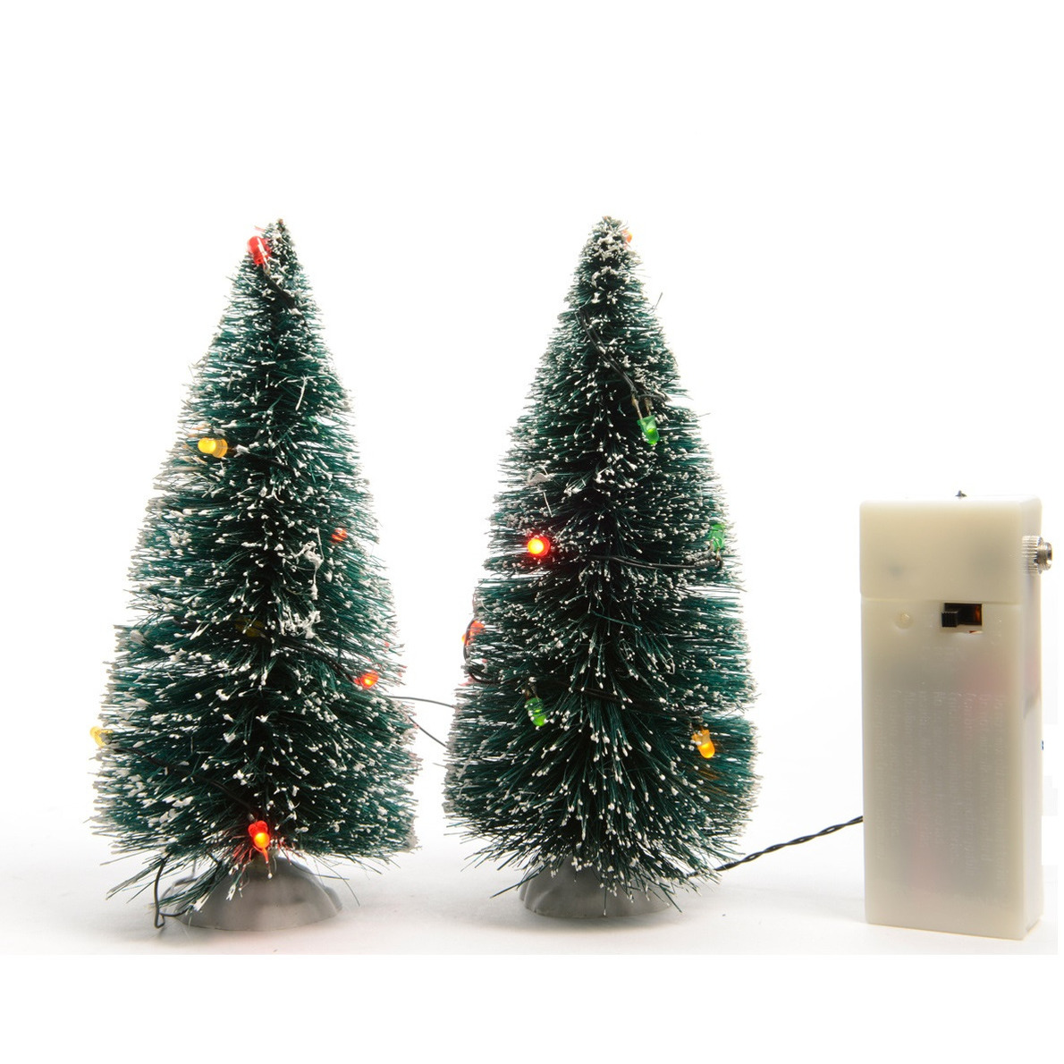 2x stuks kerstdorp onderdelen miniatuur boompjes met gekleurde verlichting 15 cm