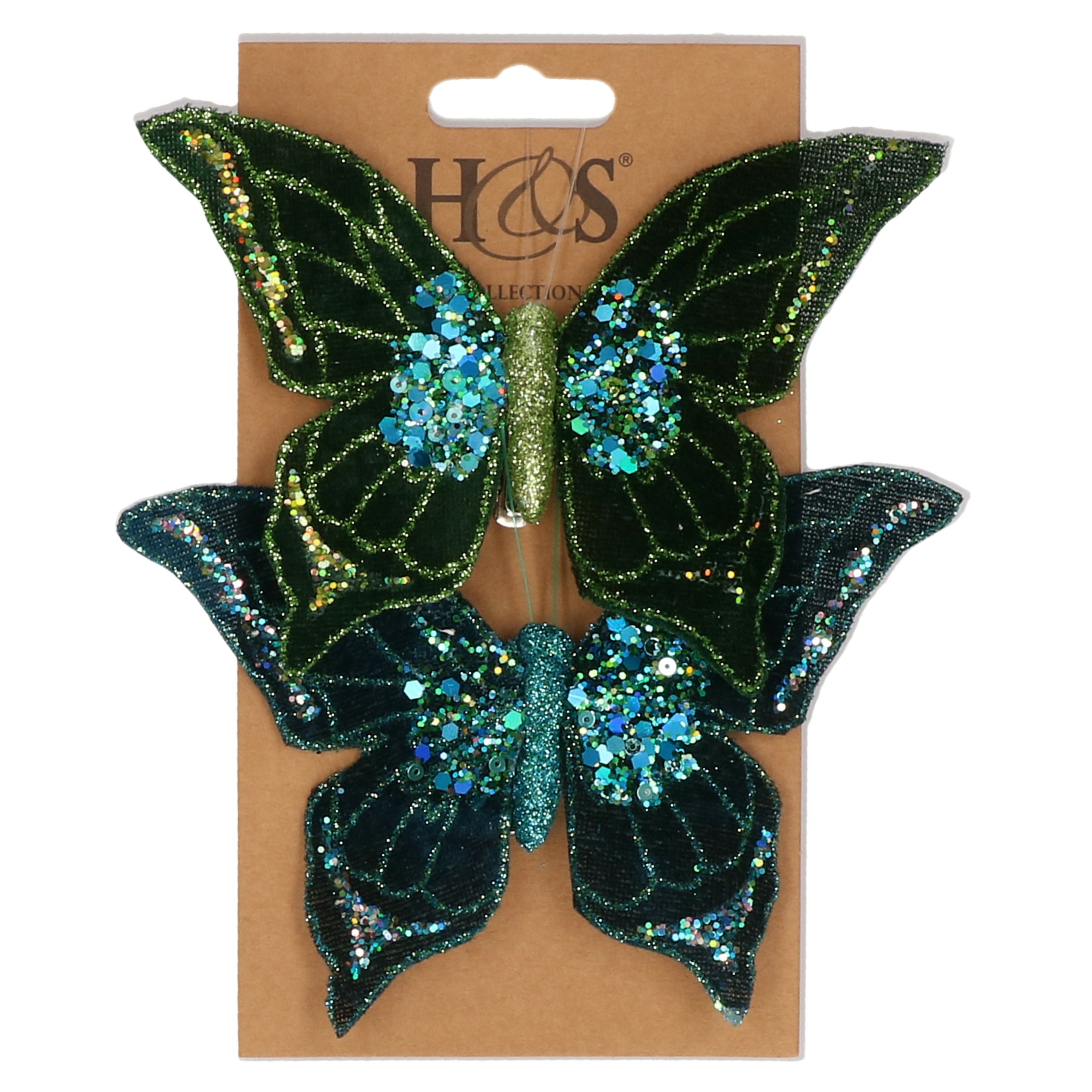 2x stuks kunststof decoratie vlinders op clip groen/blauw 10 x 15 cm