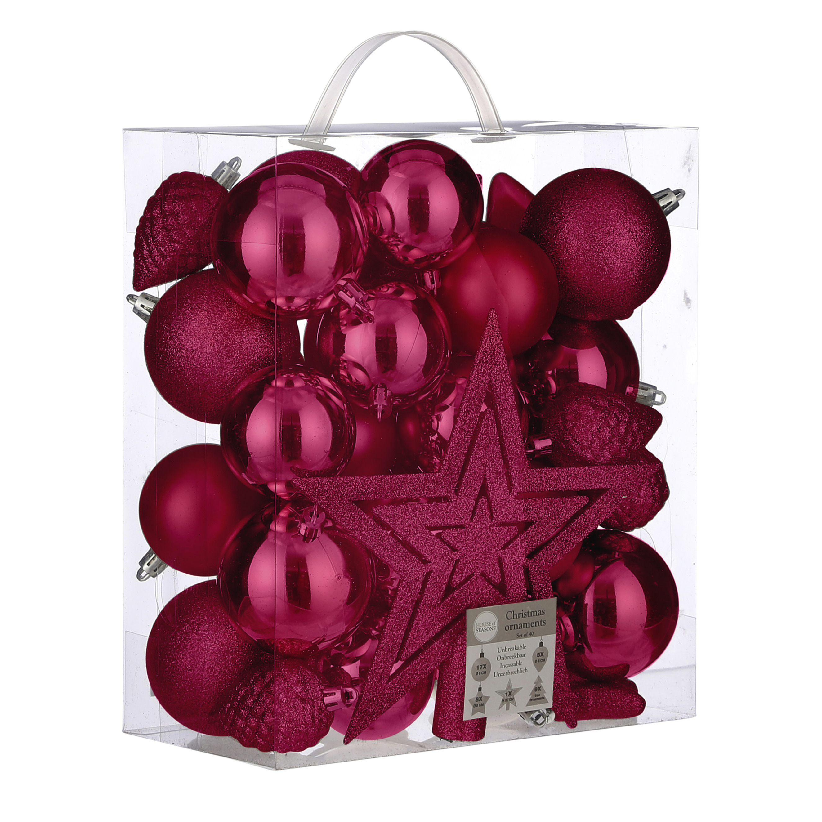 39x stuks kunststof kerstballen en kerstornamenten met ster piek roze mix