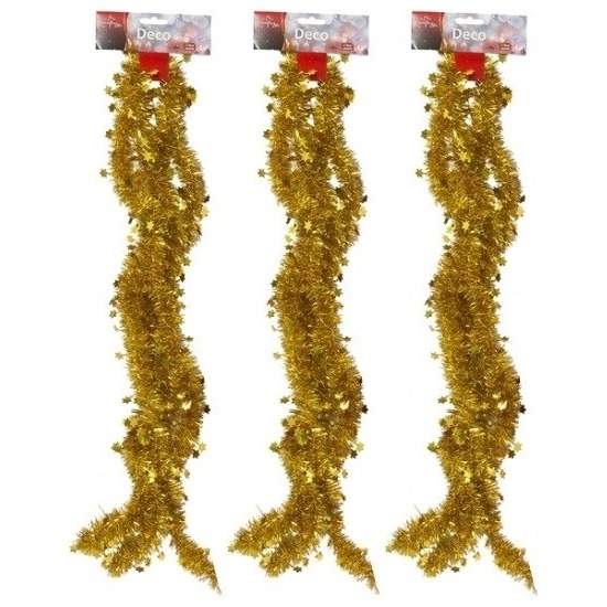 3x Gouden tinsel kerstslingers met sterren 270 cm