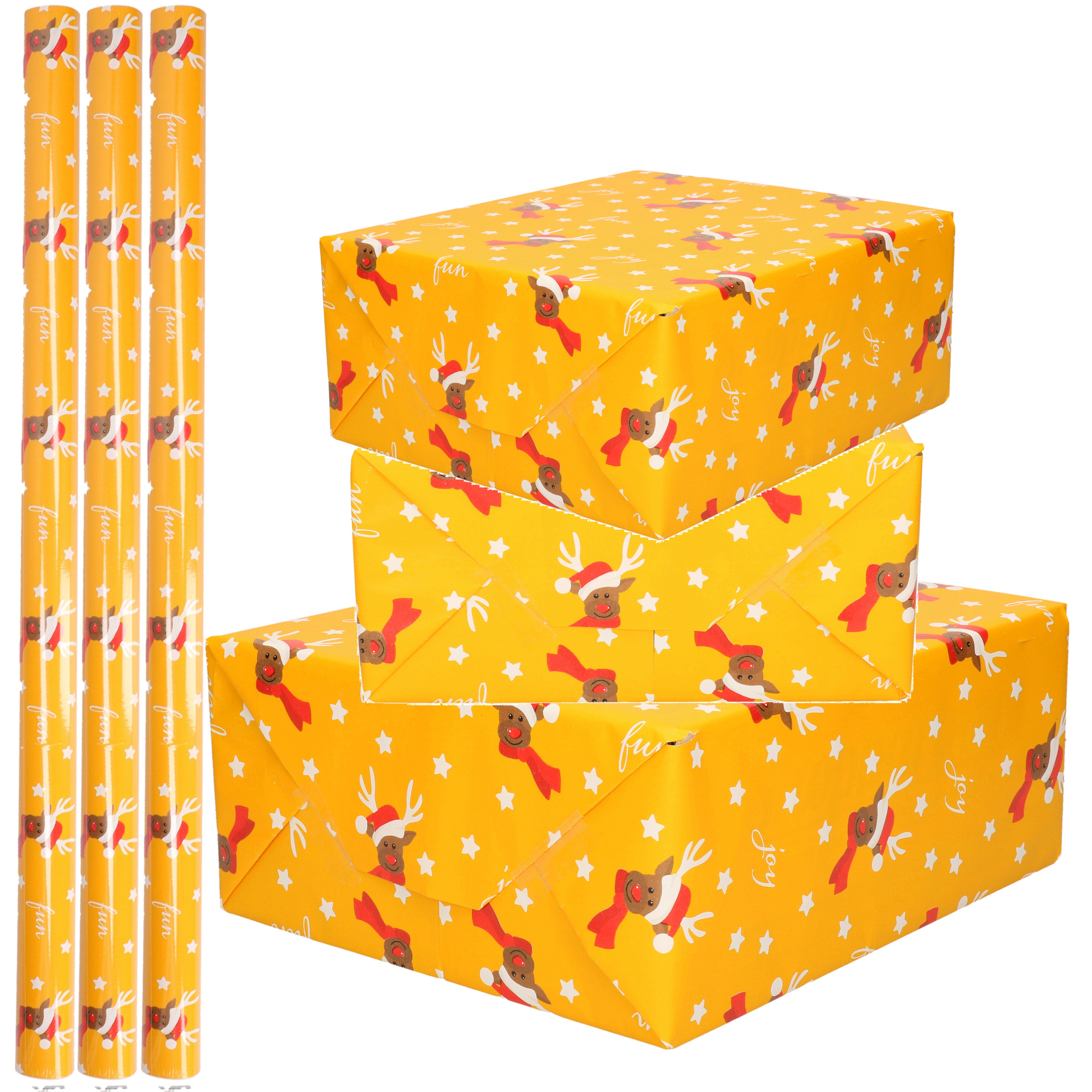 3x Rollen Kerst inpakpapier/cadeaupapier oker geel/rendieren fun 2,5 x 0,7 meter