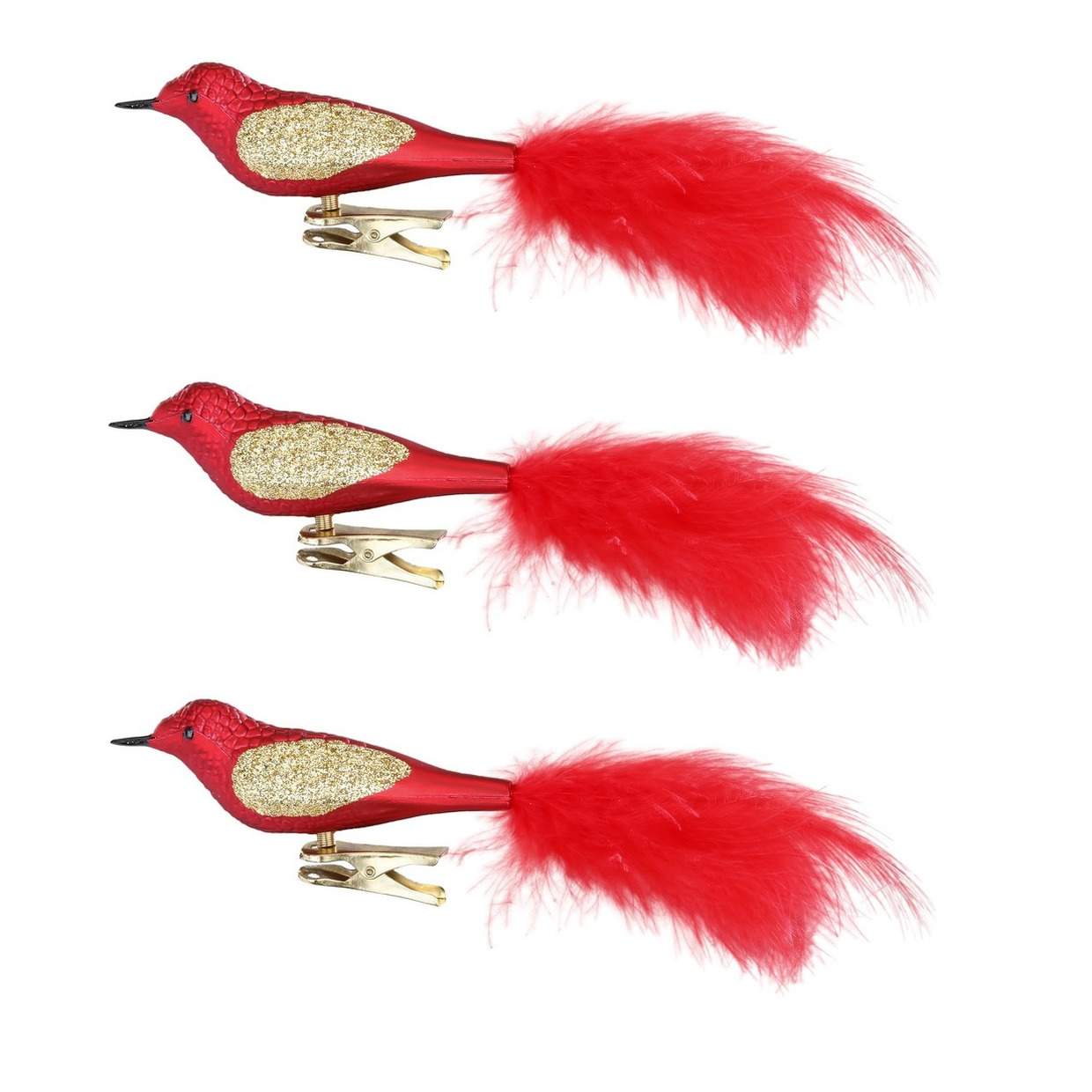 3x stuks decoratie vogels op clip rood 20 cm