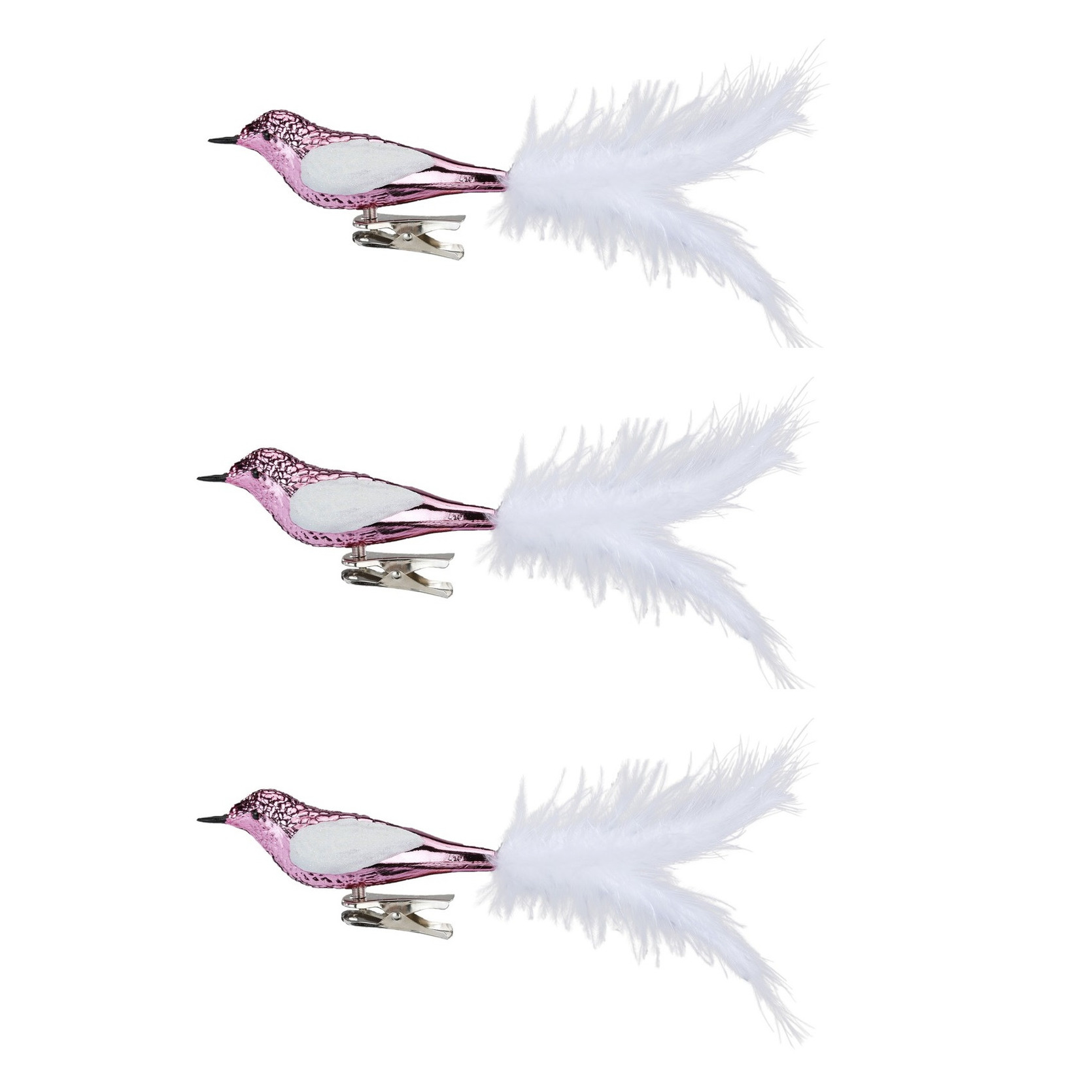 3x stuks decoratie vogels op clip roze 20 cm