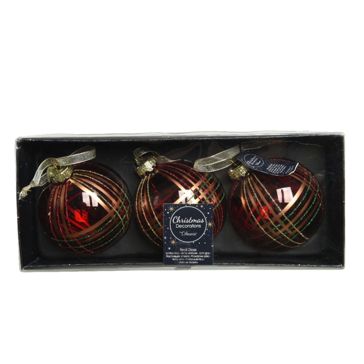3x stuks luxe glazen kerstballen brass gedecoreerd rood 8 cm