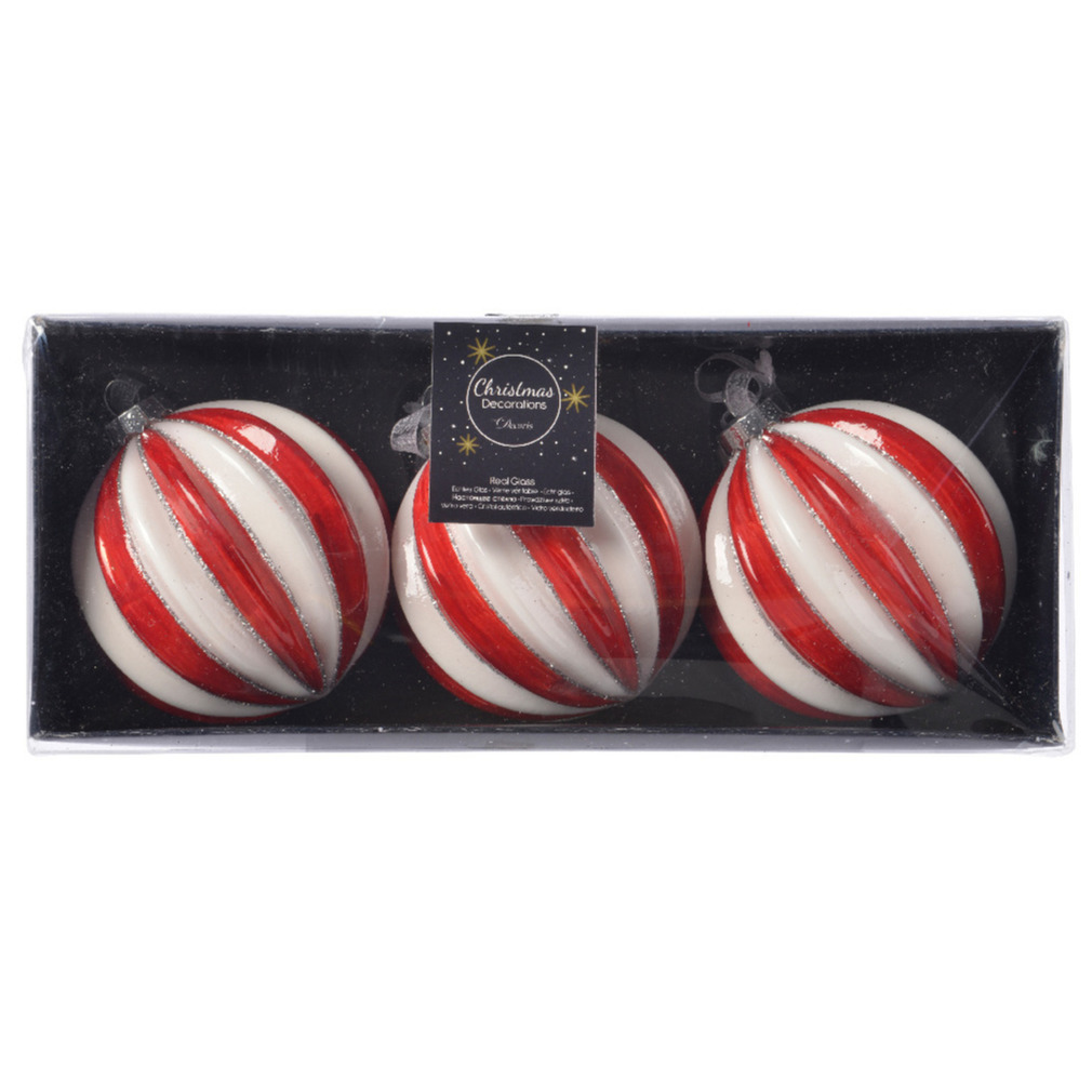 3x stuks luxe glazen kerstballen brass rood/wit gestreept met glitter 8 cm