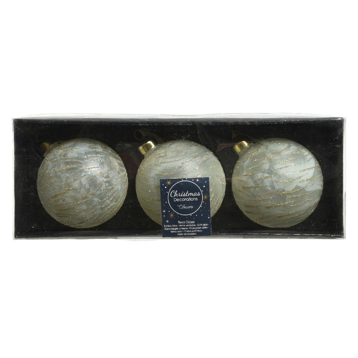 3x stuks luxe glazen kerstballen brass wit met goud 8 cm