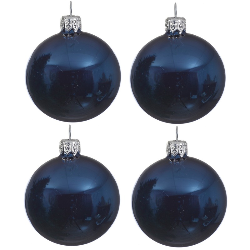 4x Donkerblauwe glazen kerstballen 10 cm glans