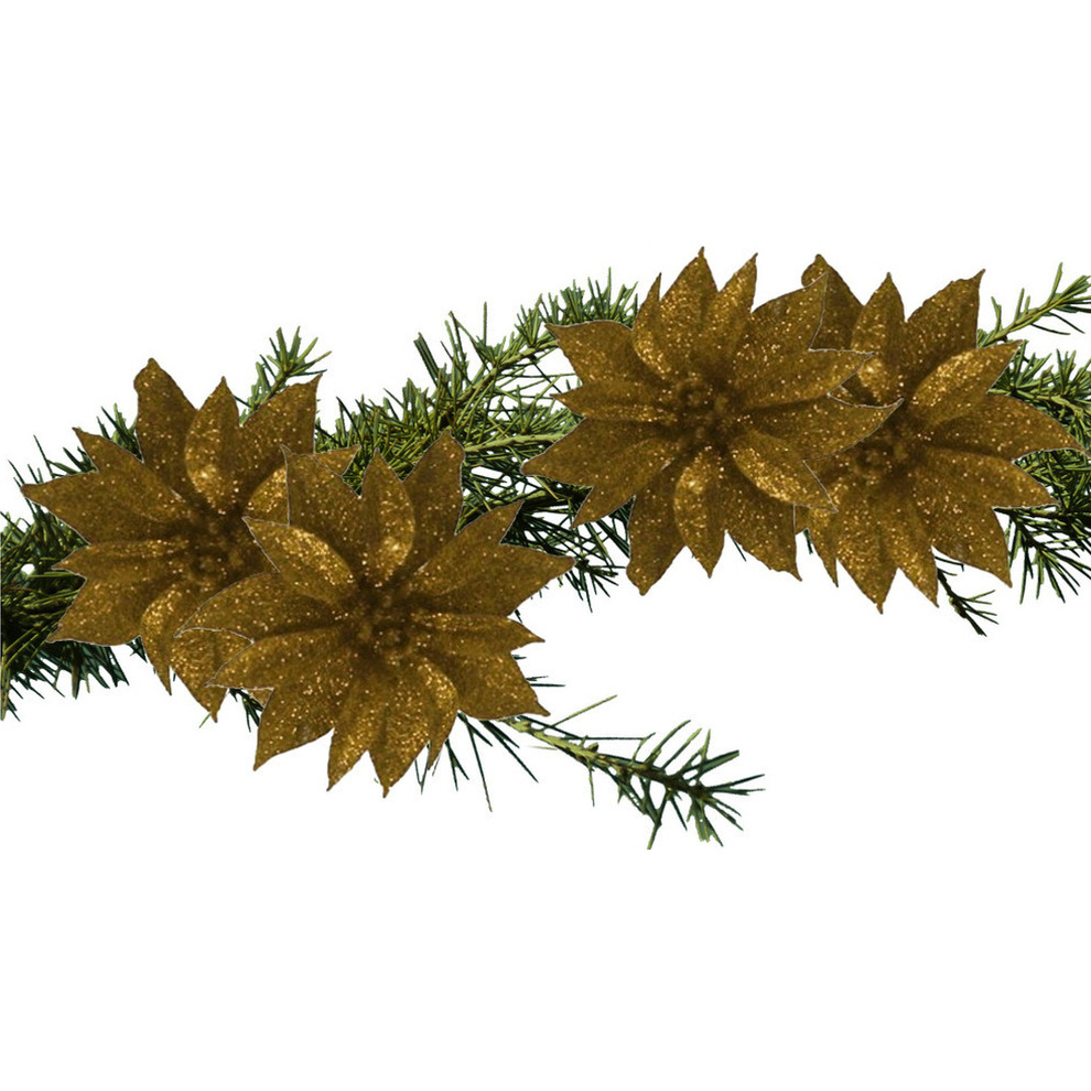 4x stuks glitter decoratie bloemen op clip goud 9.5 cm