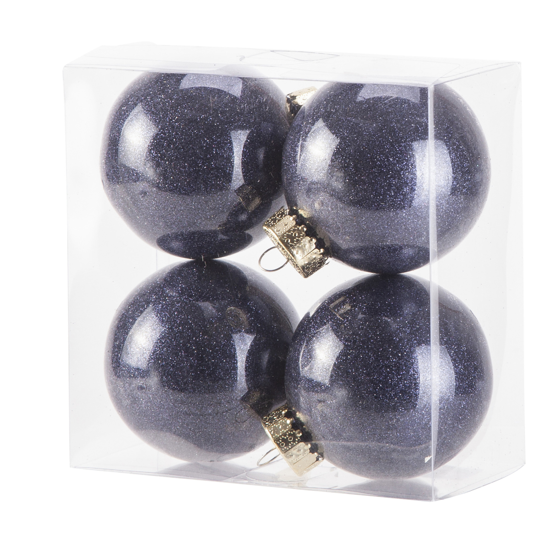 4x stuks kunststof kerstballen met glitter afwerking donkerblauw 8 cm