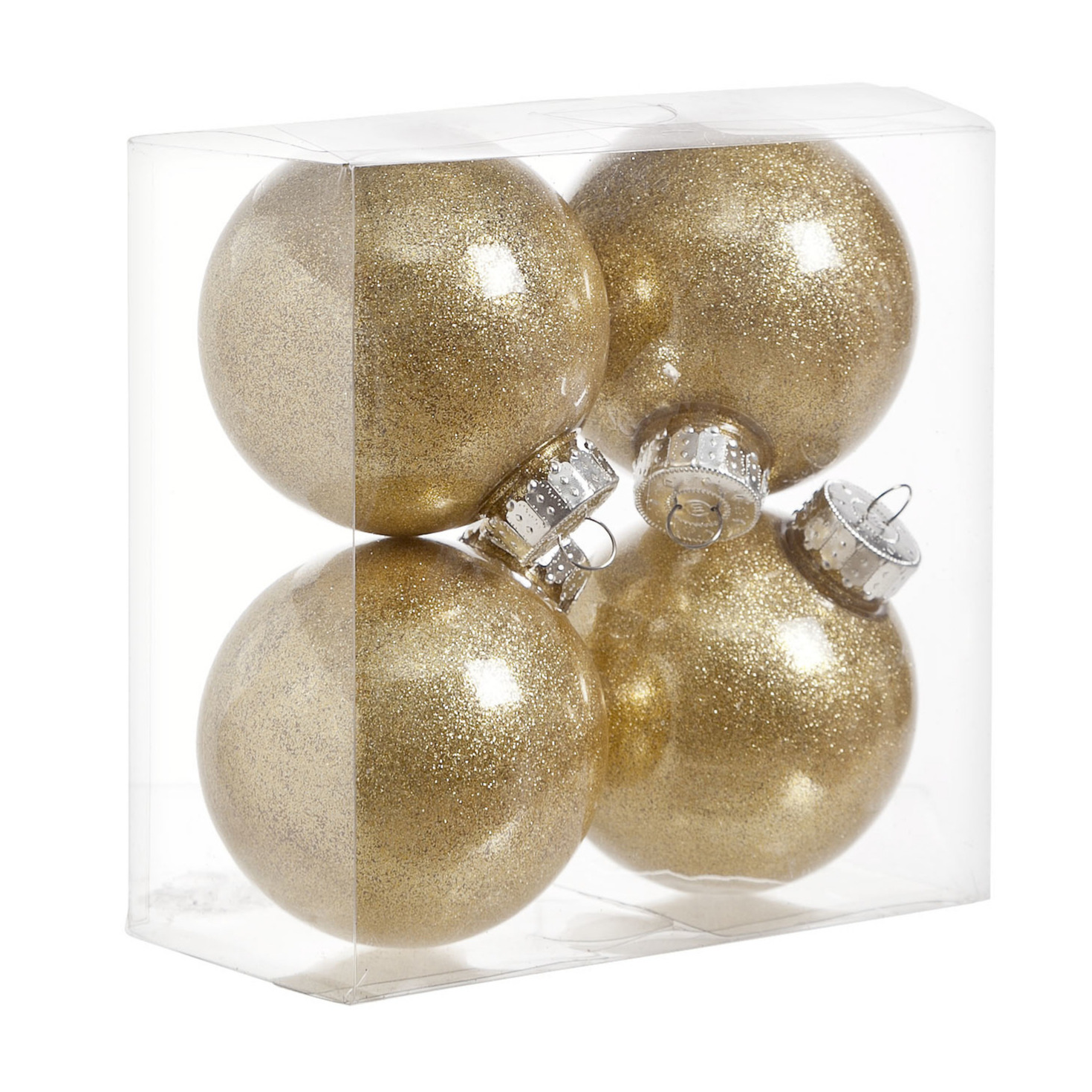 4x stuks kunststof kerstballen met glitter afwerking goud 8 cm