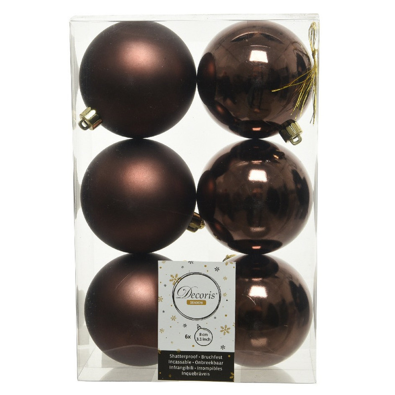 6x Donkerbruine kerstballen 8 cm kunststof mat/glans