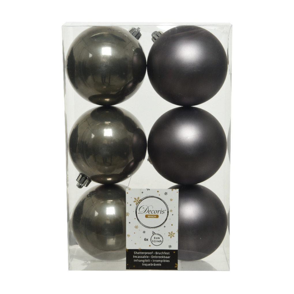 6x stuks kunststof kerstballen antraciet (warm grey) 8 cm glans-mat
