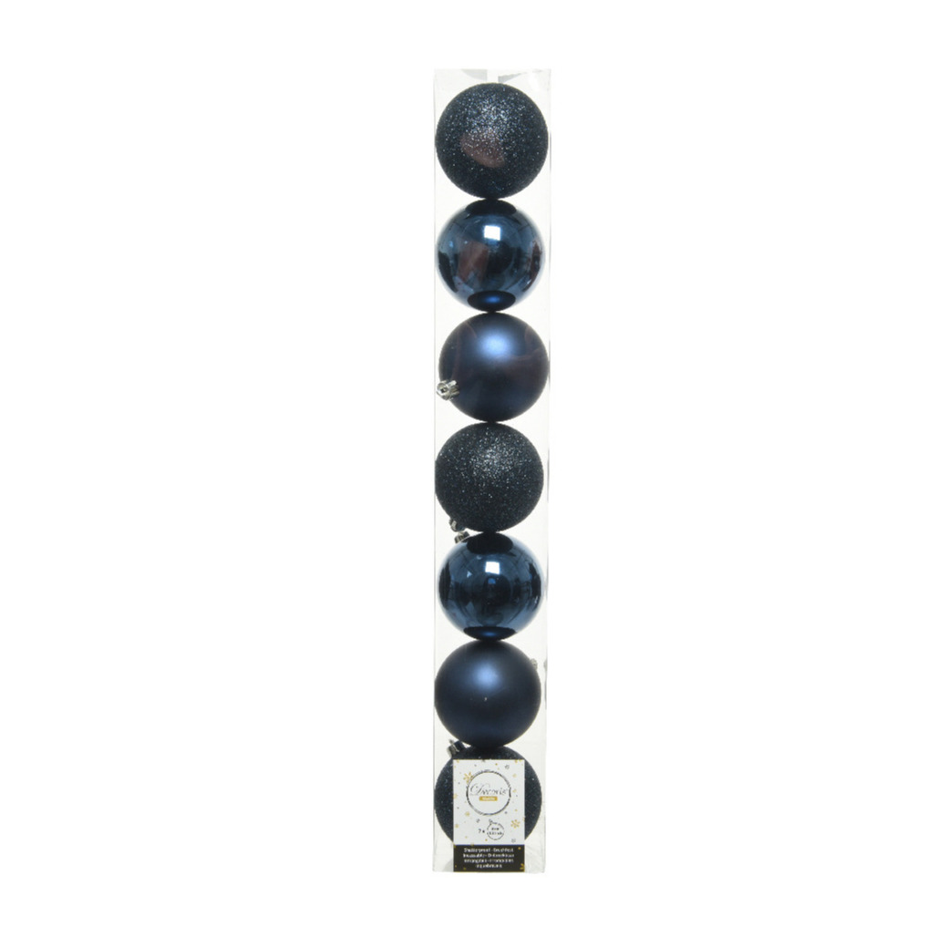 7x stuks kunststof kerstballen donkerblauwe (night blue) 8 cm glans/mat/glitter