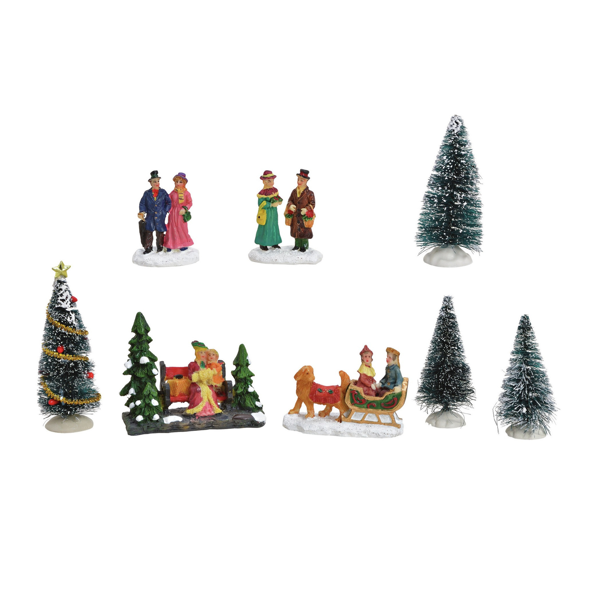 8x stuks kerstdorp accessoires figuurtjes-poppetjes en kerstboompje