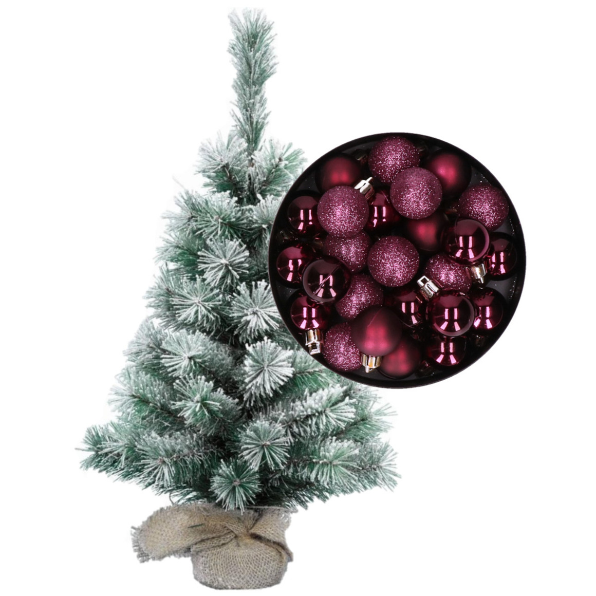 Besneeuwde mini kerstboom/kunst kerstboom 35 cm met kerstballen aubergine paars