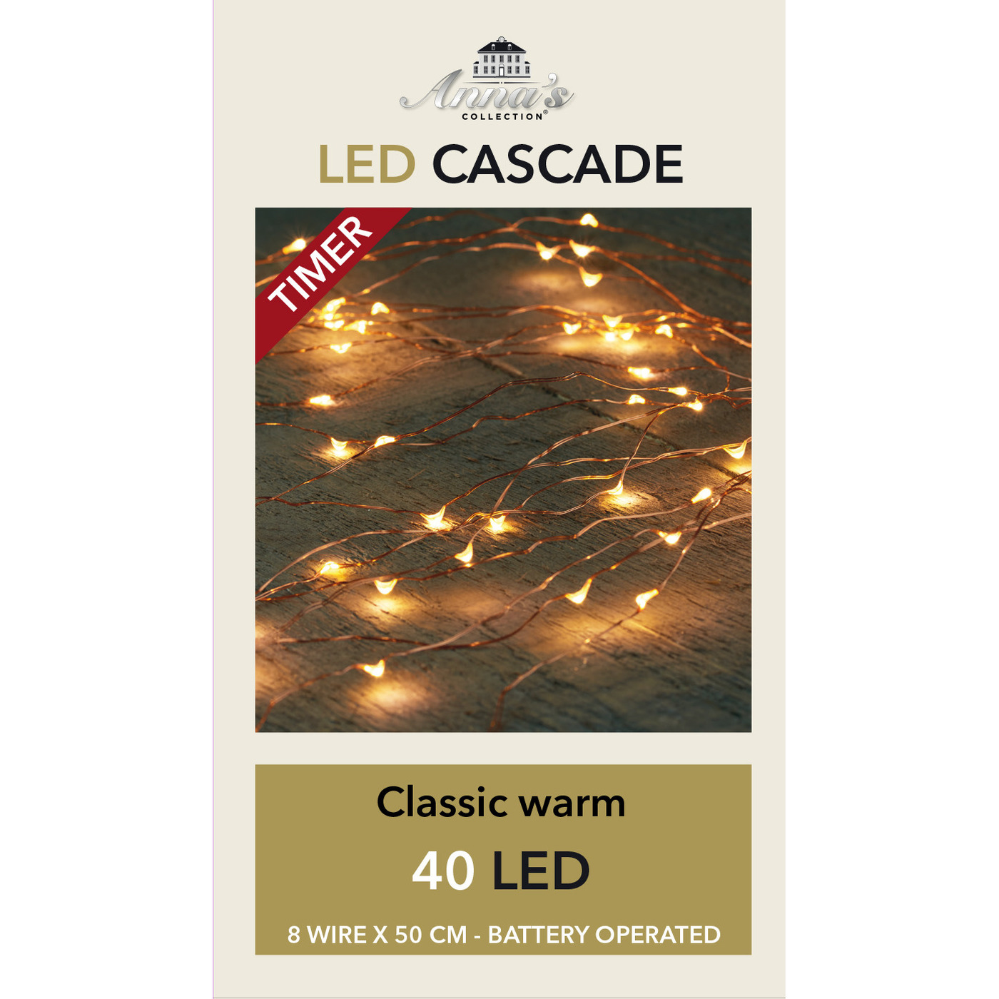 Cascade draadverlichting lichtsnoer met 40 lampjes classic warm wit op batterijen