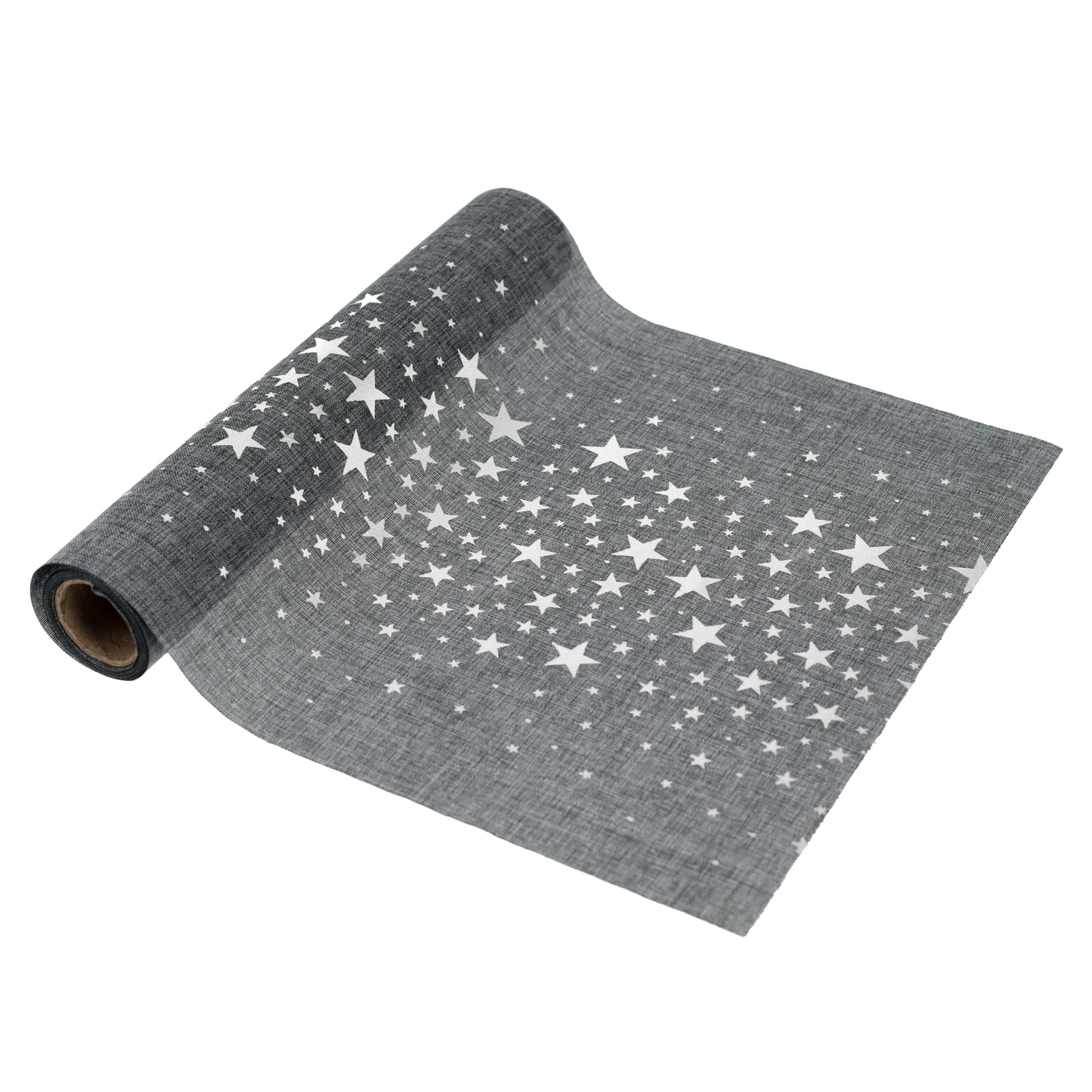 Decoratie stof/tafelloper grijs met sterren 28 x 200 cm