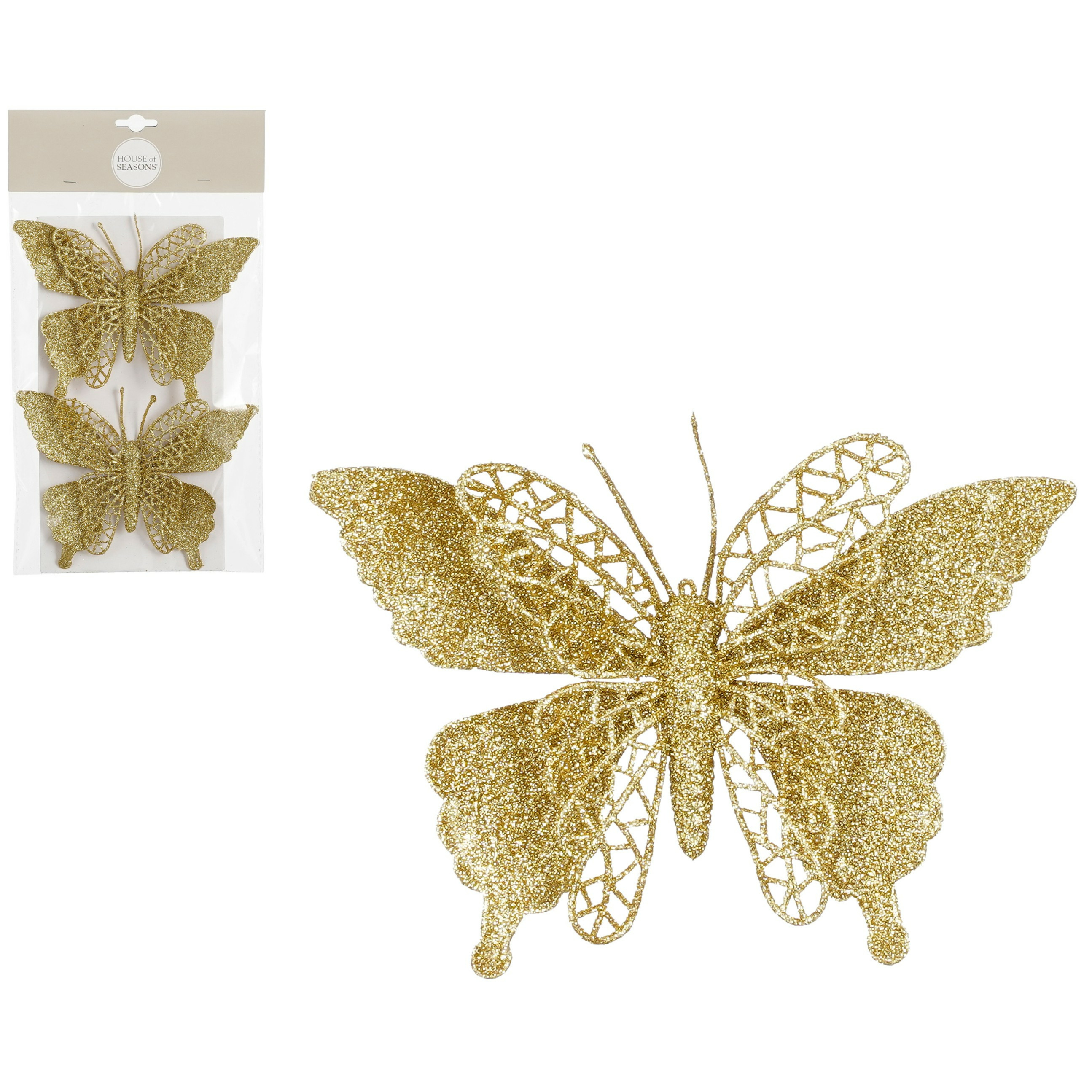 Decoratie vlinders op clip - 2x stuks - goud - 16 cm - kunststof