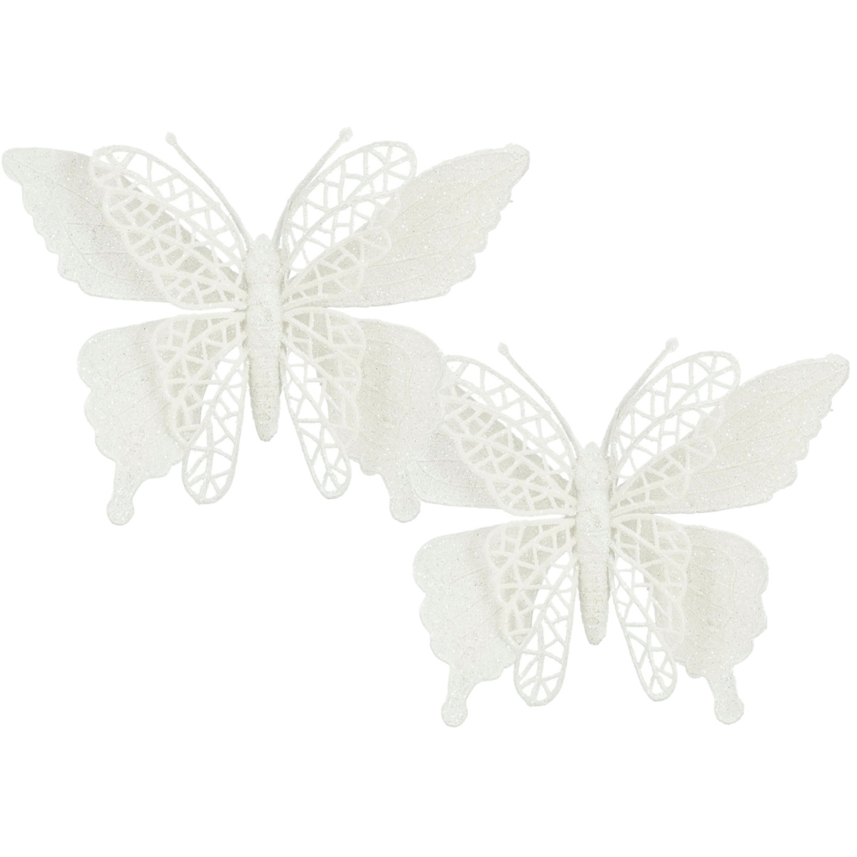 Decoratie vlinders op clip - 2x stuks - wit - 16 cm - kunststof